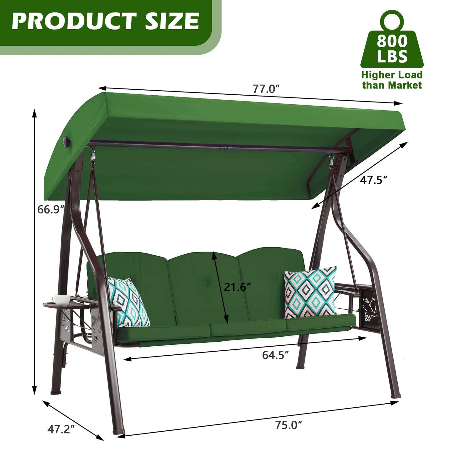 ZZW 3-Seat Outdoor Porch Swing with Stand Patio Swing with Canopy 2 in 1 Porch Swing Bed & Patio Swing Chair for Adult w/Extra Pillows and Cup Holder for Yard(Green)