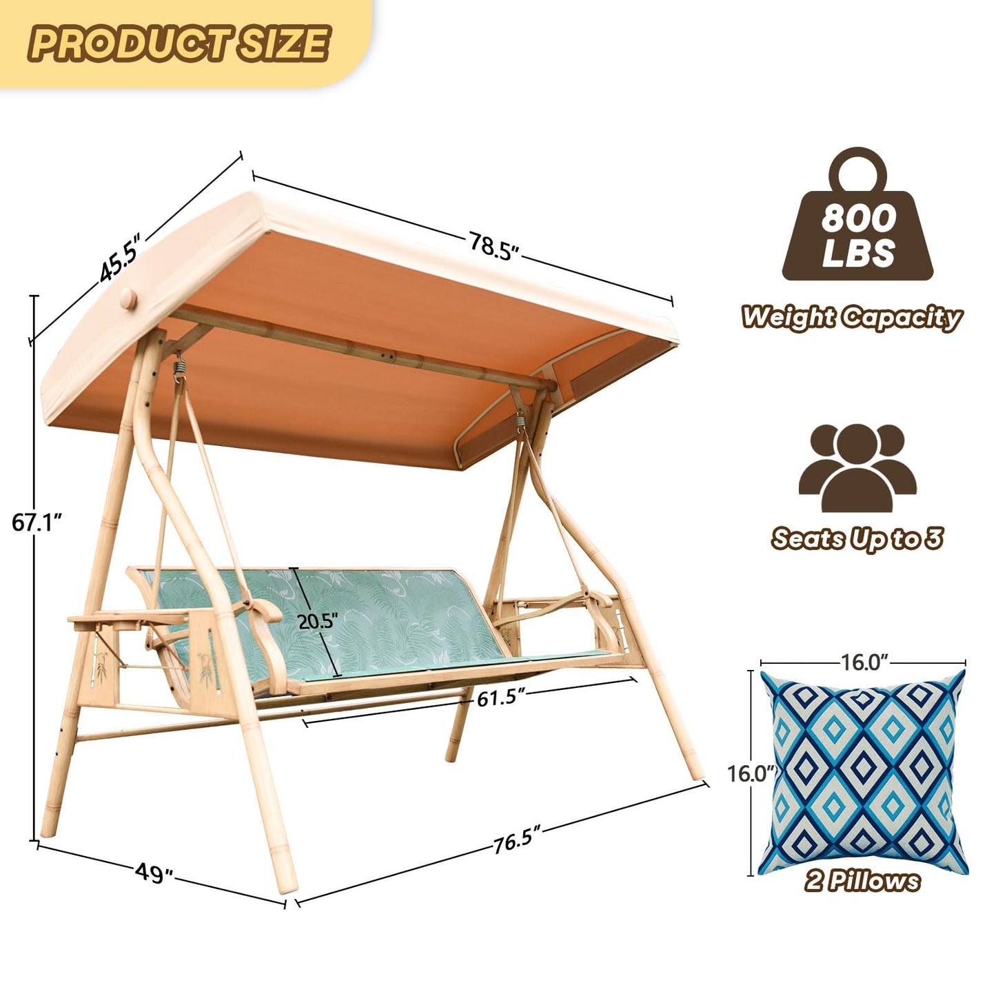 ZZW 3 Person Patio Swing Outdoor Swing for Adults with Adjustable Canopy &Upgraded Cup Holders Textilene Fabric Porch Swing Chair with Stand Heavy Duty 800 LBS