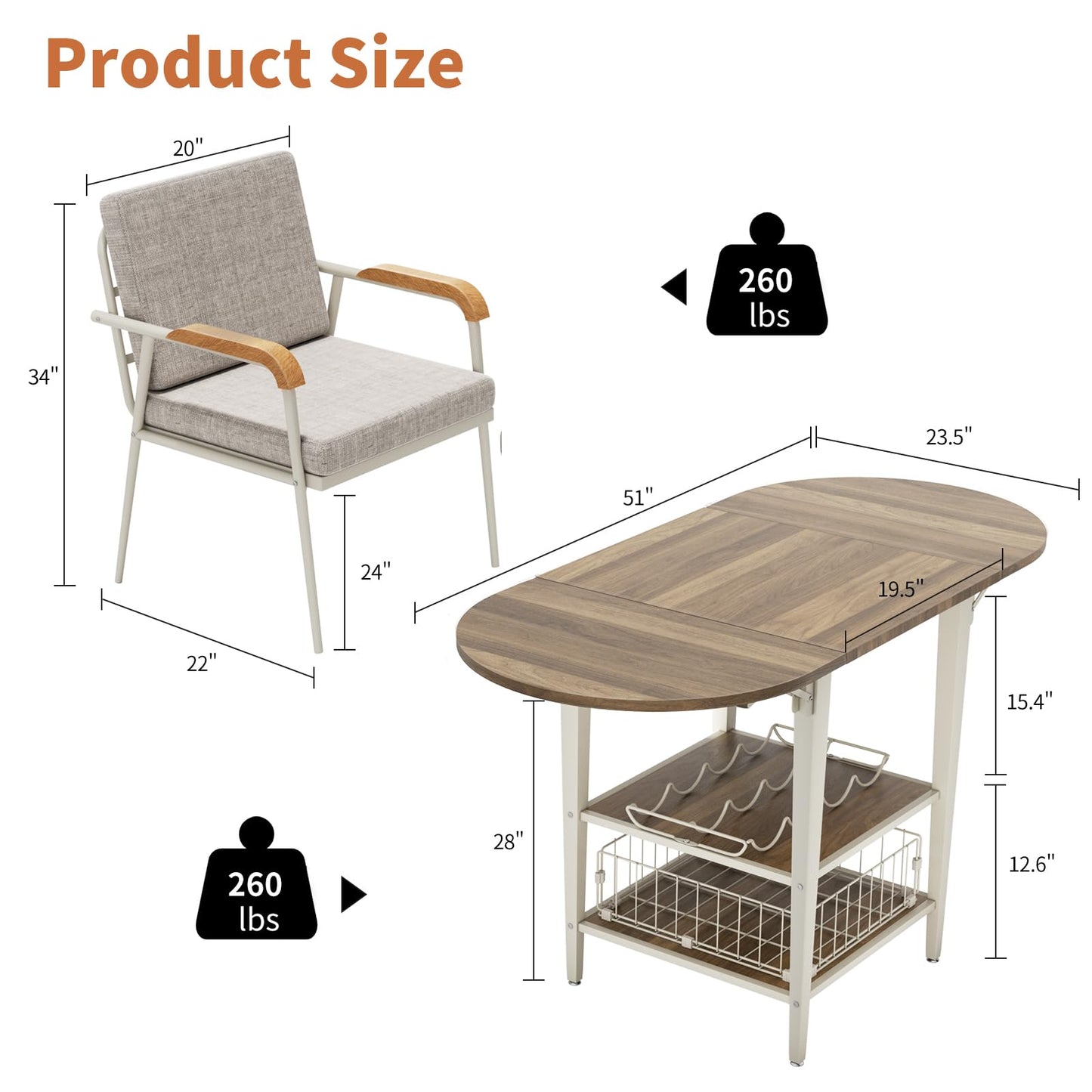 VFK 3 Piece Dining Table Set, 51 Inch Modern Kitchen Folding Breakfast Table with Right Seat Storage Corner Stools and Dining Chairs for Home Dining Room Furniture