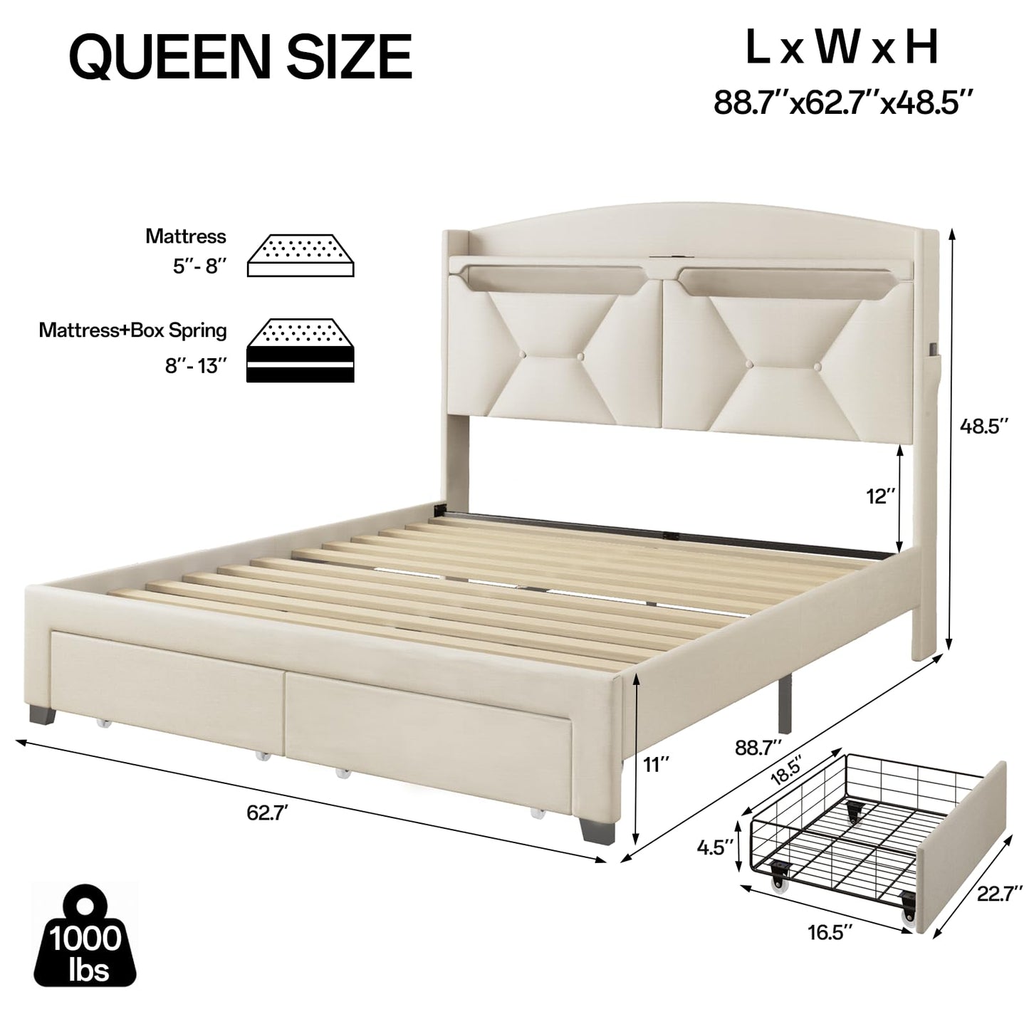 VINTLJUS Queen Size Bed Frame with Storage Headboard, Queen Bed Frame with 2 Drawers, Upholstered Platform Bed with Charging Station and LED Lights, Easy Assembly, Beige