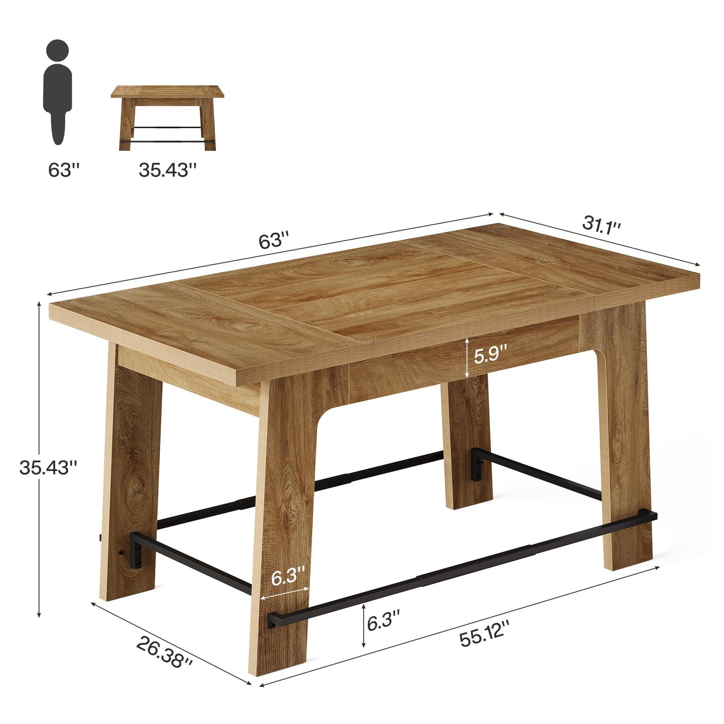 Tribesigns 62.6-Inch Bar Table, Counter Height Pub Dining Table with Metal Footrest, Rectangular Home Bar Unit for Home Kitchen, Bistro, Basement, Living Room