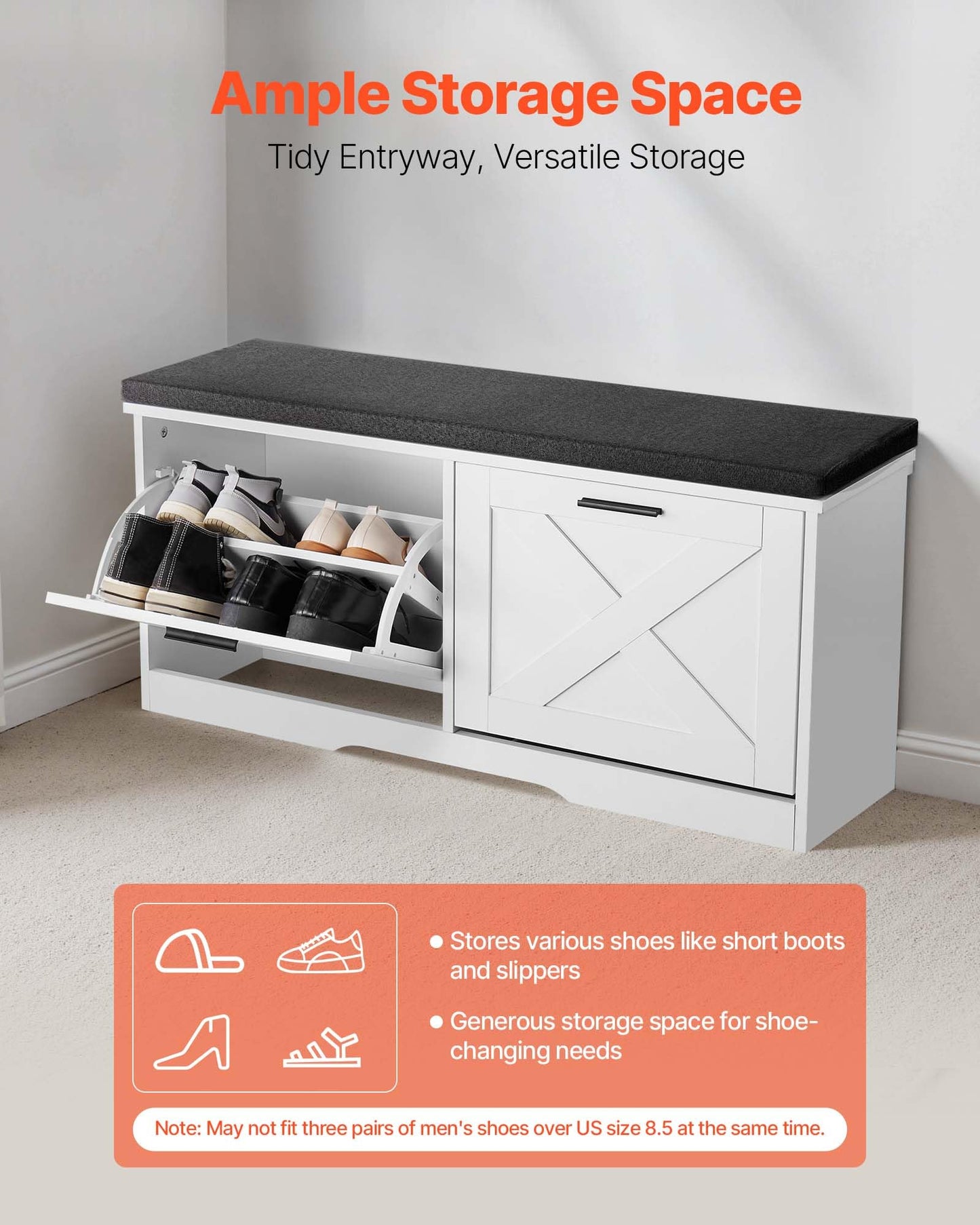 VEVOR Shoe Storage Bench with 2 Flip Drawers & Padded Cushion, Entryway Bench with Adjustable Shelves, Holds up to 440 lbs, 39.4 x 12.0 x 18.7 Inches, for Entryway, Hallway, Living Room, Bedroom