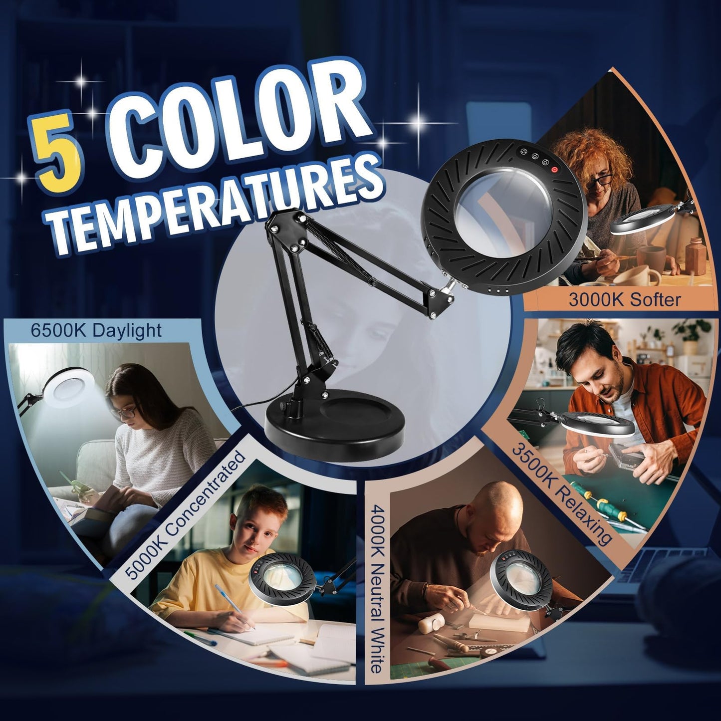 12X Magnifying Glass with Light and Stand, 144 LEDs Brightest Desktop Magnifying Lamp, 10 Dimmable Brightness 5 Color Modes, Hands Free Metal Desk Lamp for Craft Reading Painting Hobby Close Work