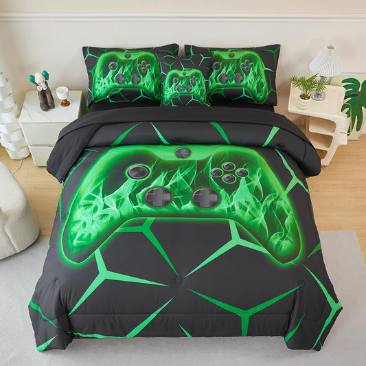 ZSYAYAHA Twin Bed Set for Boys Black and Green Gaming Comforter Set Kids Gamer Bedding Set for Teenage Girls Soft Lightweight 6 Pieces Geometric Bed in A Bag with Sheets(Green, Twin)