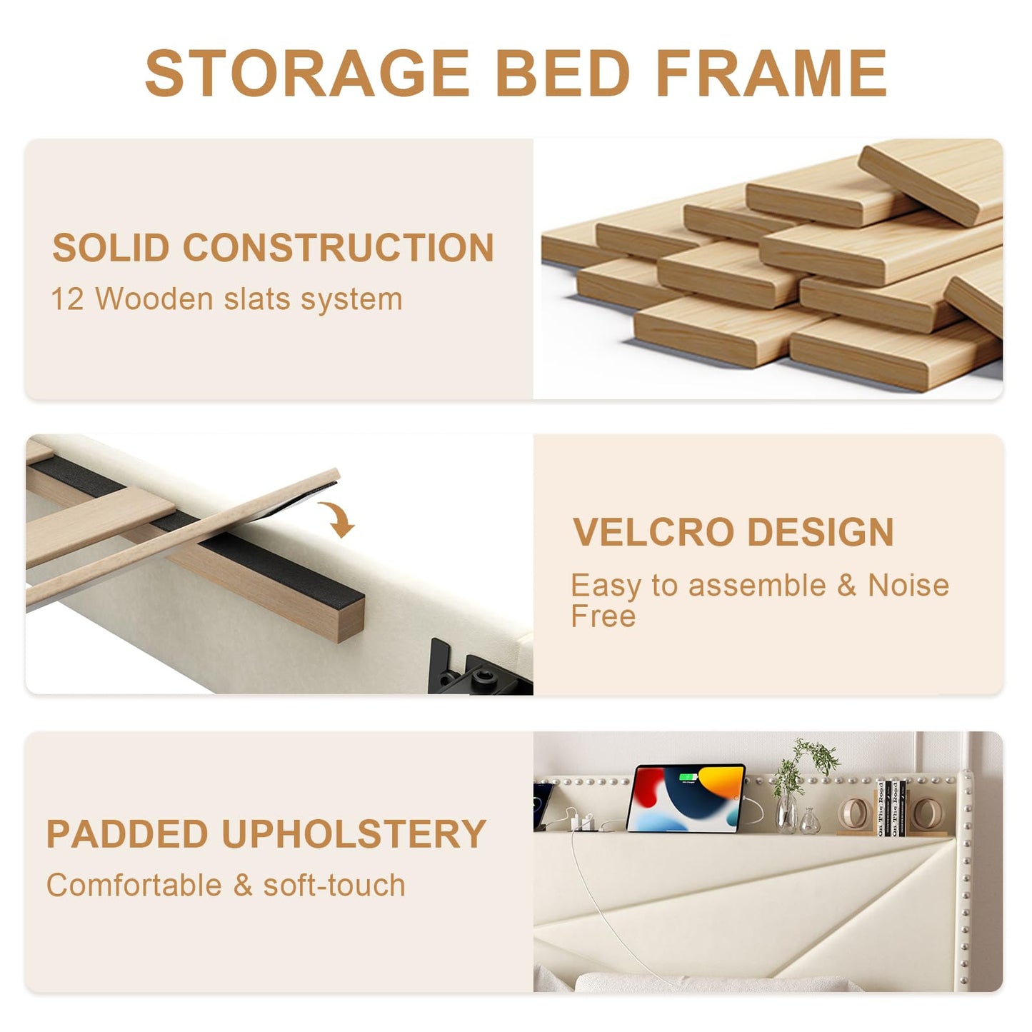 viplov King Size Bed Frame with 2 Large Drawers, Storage Headboard Built-in Charging Station, Modern Chic Rivet Design, Easy Assembly, No Box Spring Required, Noise-Free, Beige