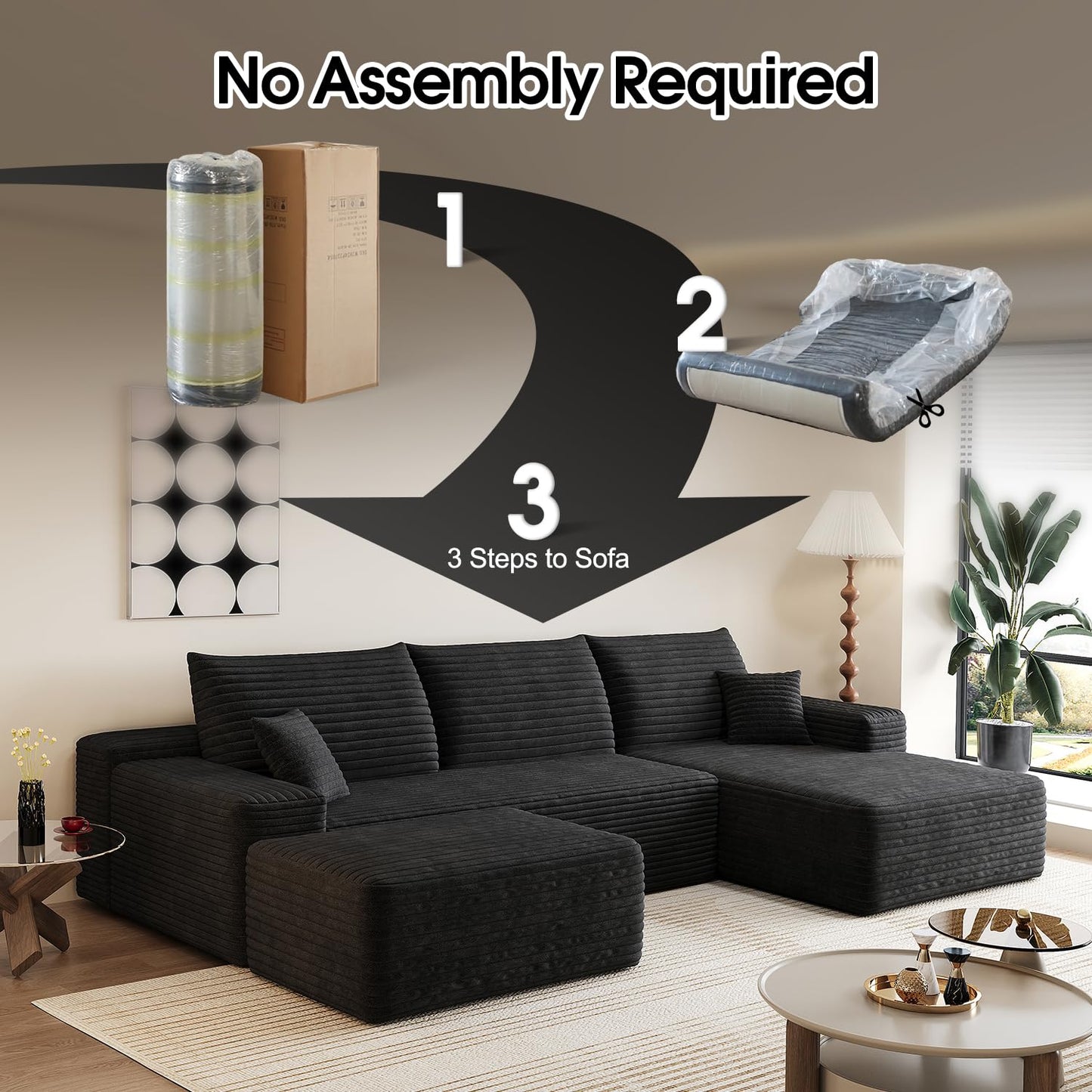 107" Comfy U-Shaped Sectional Modern Boneless Corduroy Couch with Chaise ‌and Ottoman‌ - No Assembly Required! Deep-Seat, Upholstered Modular Cloud Sofa for Living Room, Plush Corduroy Fabric(Black)