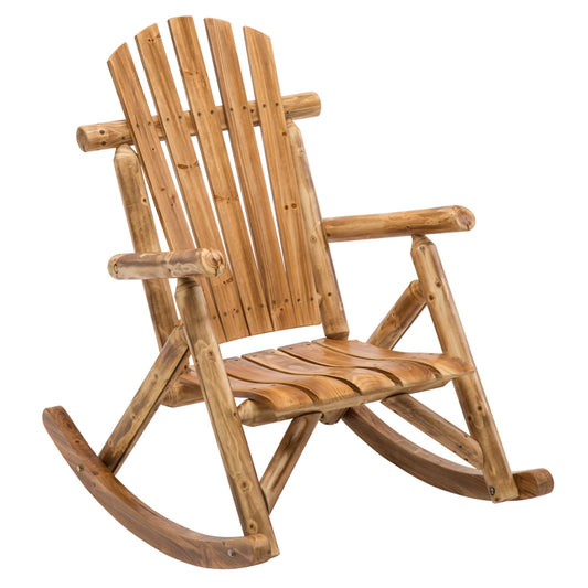 Wooden Rocking Chair Log Outdoor Rocker Outside Patio Lawn Furniture Living Room Porch Comfy Beach Balcony, Heavy Duty, Lightly Toasted