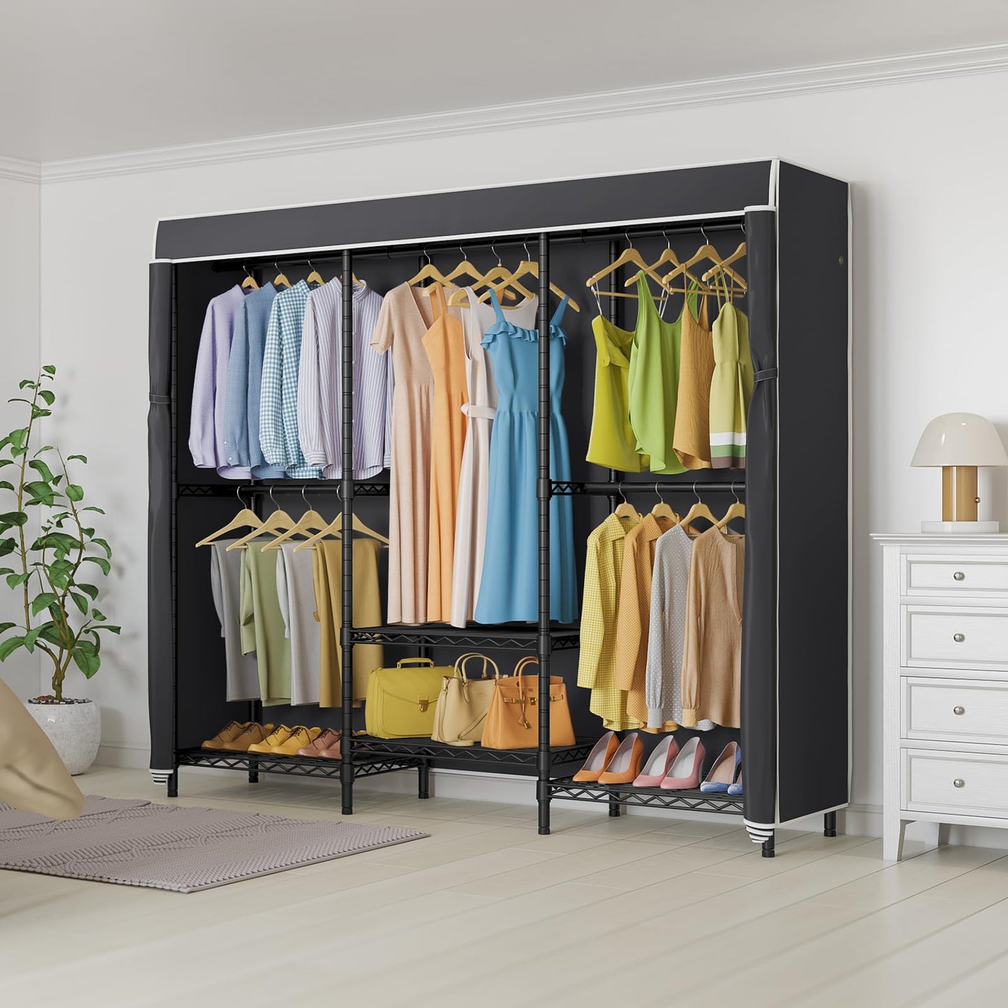 VIPEK V5C SE Garment Rack Wardrobe Closet, Heavy Duty Clothes Rack with Adjustable Shelves and Black Cover, Black Metal Closet Racks Clothing Storage Organizer for Bedroom, 70.1" Lx17.3 Wx76.4 H