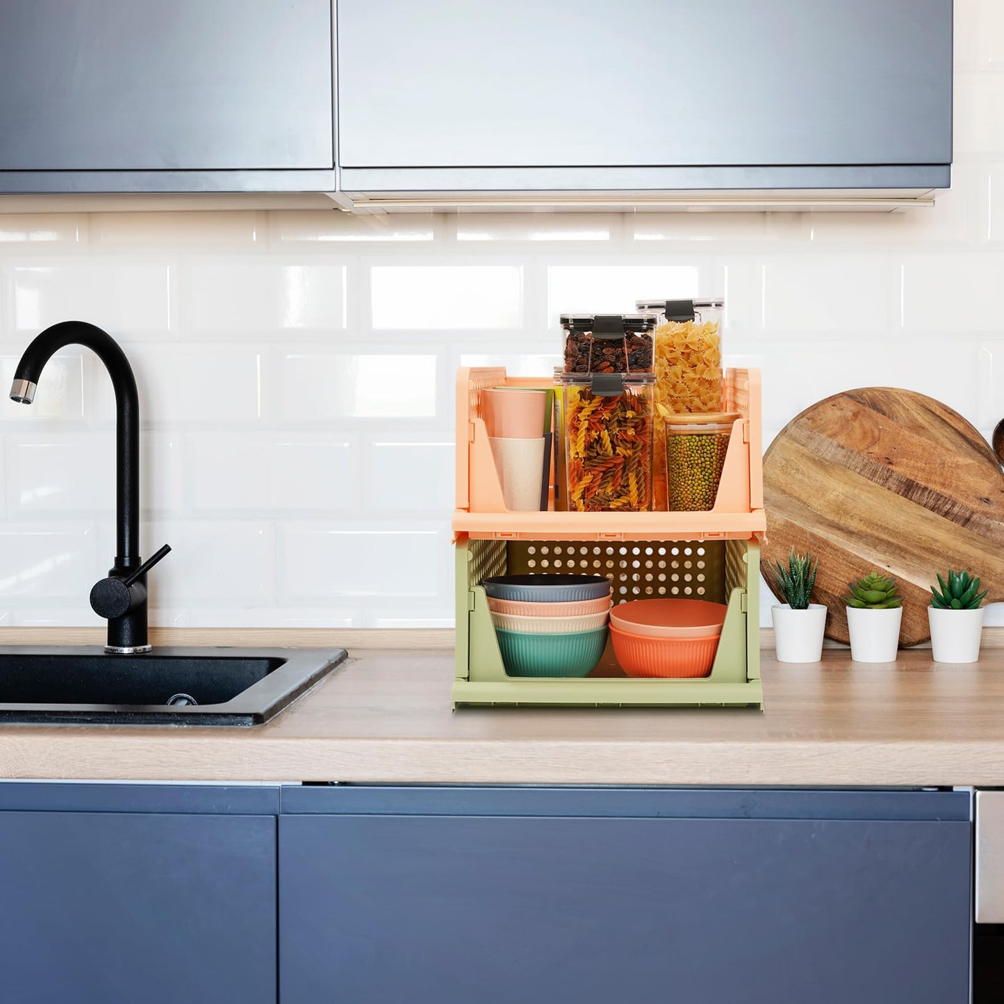 4-Pack Folding Wardrobe Storage Box Plastic Drawer Organizer Stackable Shelf Baskets Cloth Closet Container Bin Cube Home Office Bedroom Laundry Drawer Dividers for Clothes Toy Organization (Green)