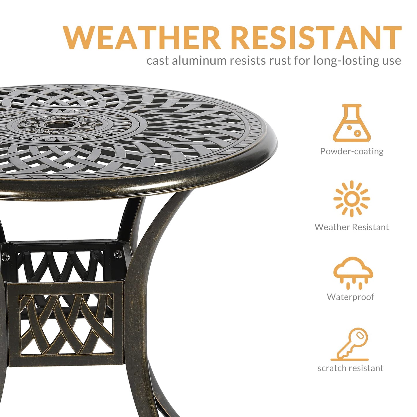 W WARMHOL 3-Piece Outdoor Patio Dining Set, All-Weather Cast Aluminum Patio Furniture Set for Backyard Garden Deck with 2 Chairs and 31” Round Table, 2" Umbrella Hole