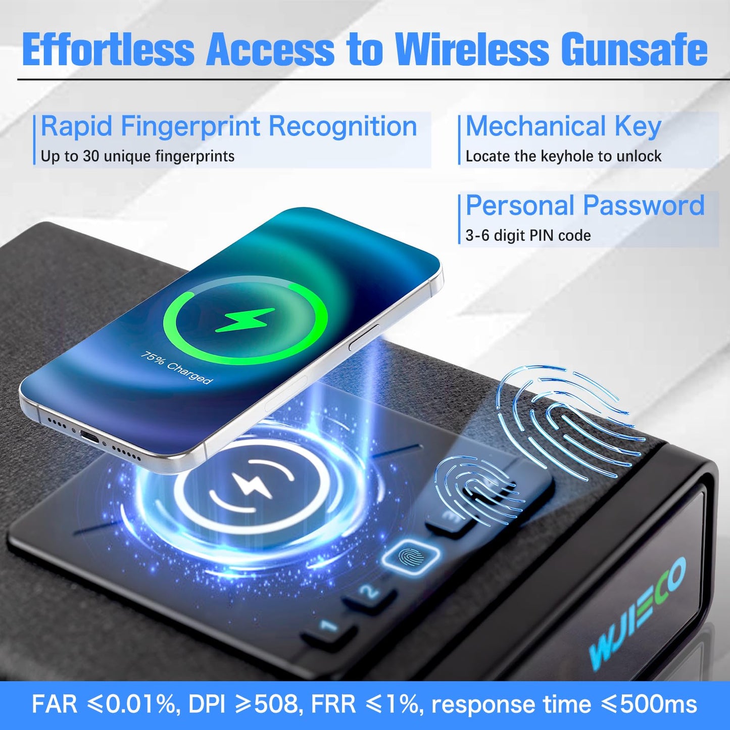 WJIECO Biometric Smart Gun Safe with Phone Charging for Handgun - Biometric Gun Safe 3 Ways Quick Access with Fingerprint/Keypad/Key Lock for Bedside Nightstand or Car with LCD