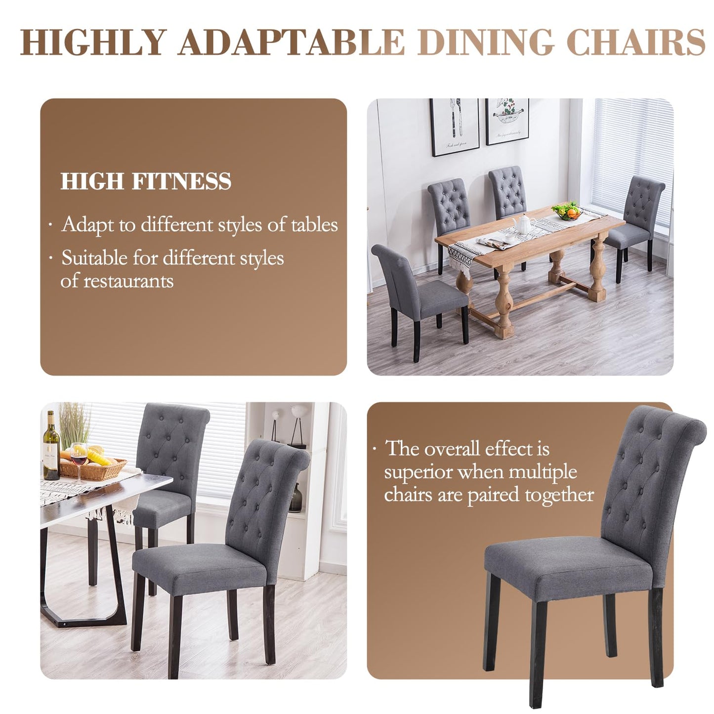 YEEFY Dining Chairs Set of 6 Upholstered Dining Room Chairs Fabric Tufted Kitchen Chairs with Wood Legs High Back Dining Chair Mid Century Modern Chair for Dining Room,Kitchen,Living Room (Gray)