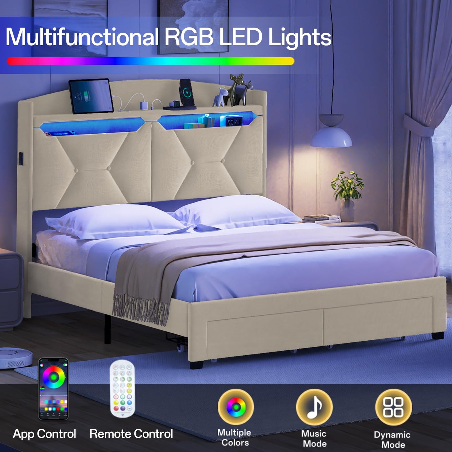 VINTLJUS Queen Size Bed Frame with Storage Headboard, Queen Bed Frame with 2 Drawers, Upholstered Platform Bed with Charging Station and LED Lights, Easy Assembly, Beige