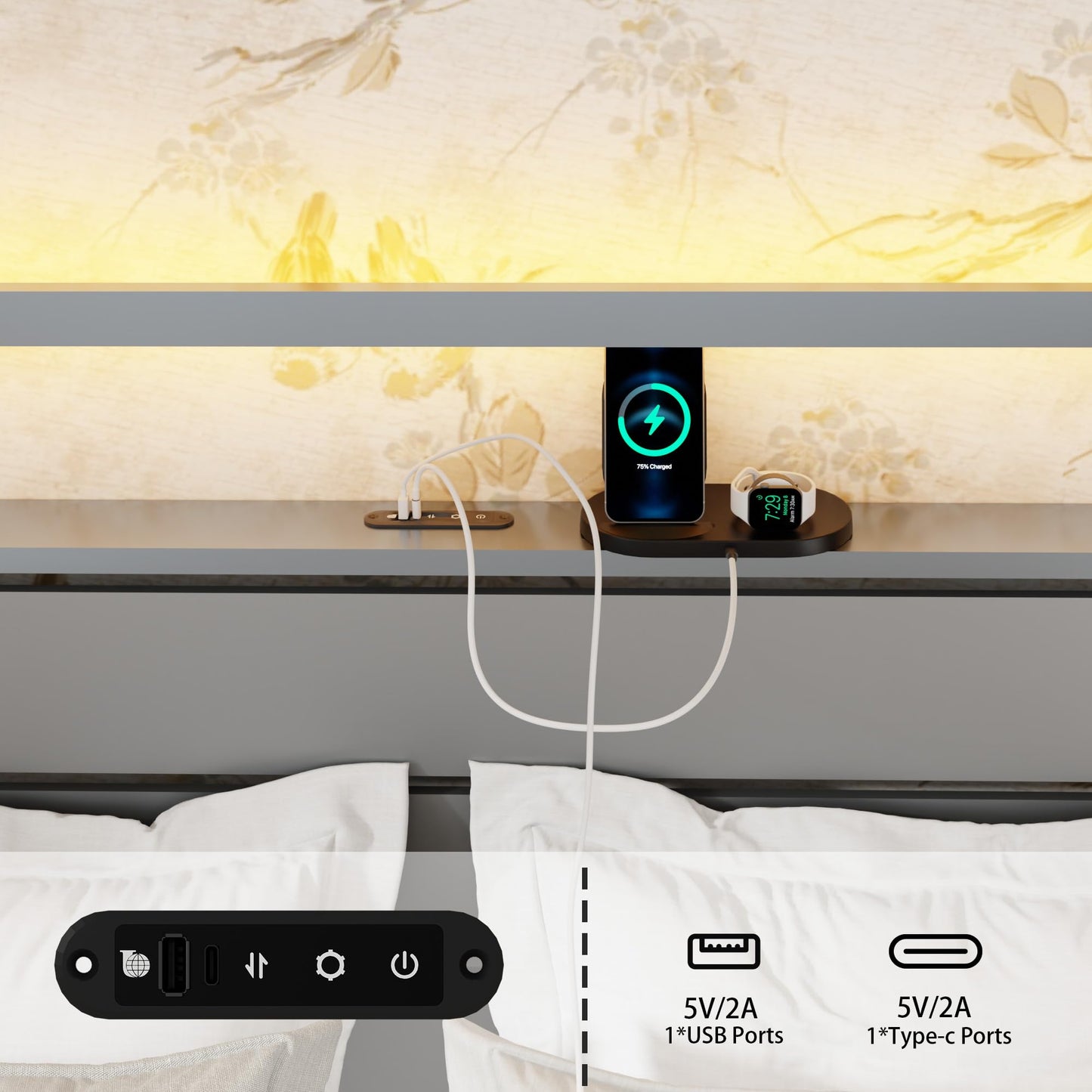 VFJ Large Bed Frame with headboard, Metal Platform Bed Frame with Charging Dock, Heavy-Duty Platform Bed Frame with LED Lights, Easy to Assemble, Silver