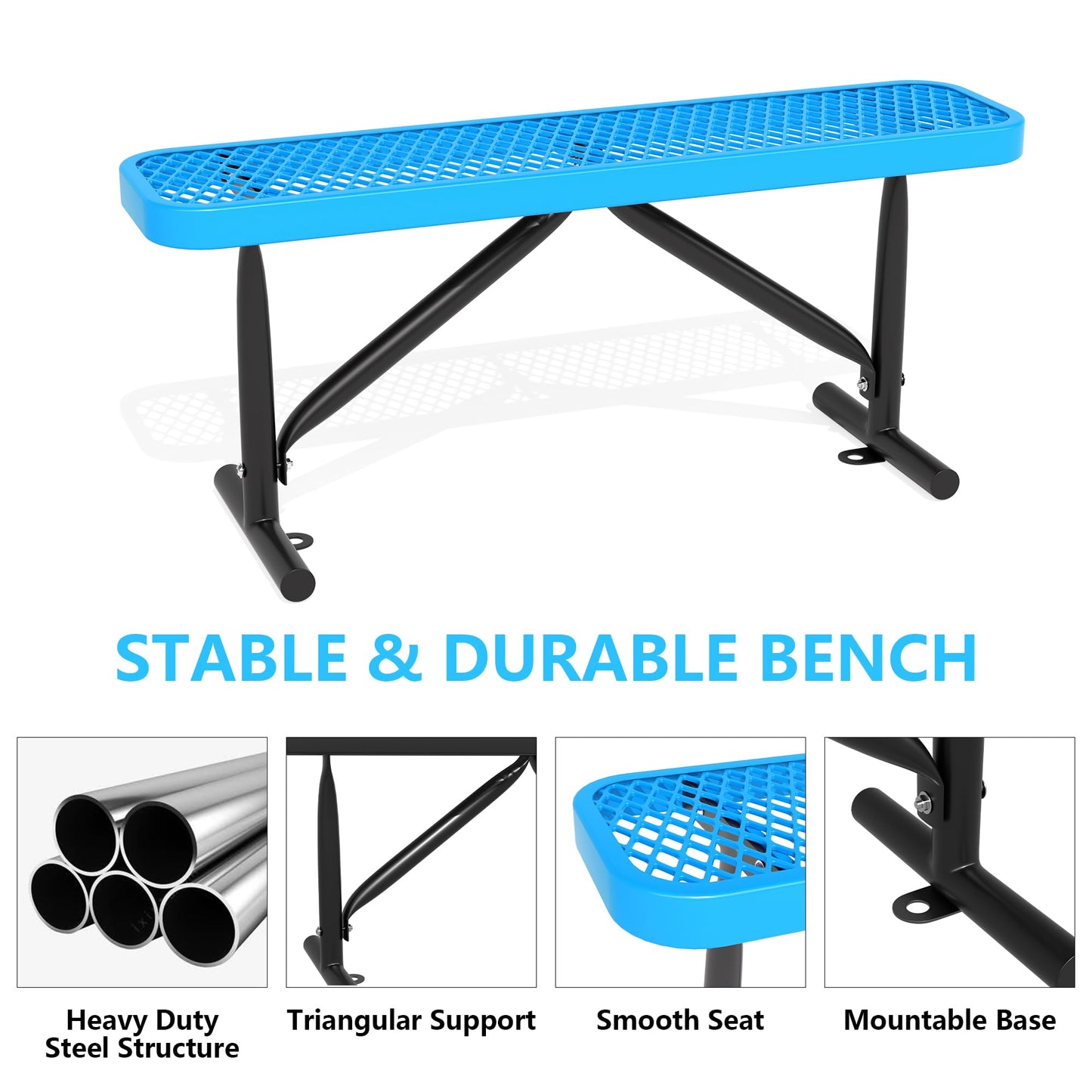 4FT/6 FT Park Benches-Outdoor Steel Flat Bench,Metal Backless Benches for Outside, School Benches Commercial Heavy Duty Rectangular Black Park Bench Patio Bench for Garden, Porch,Park (Blue, 4FT)