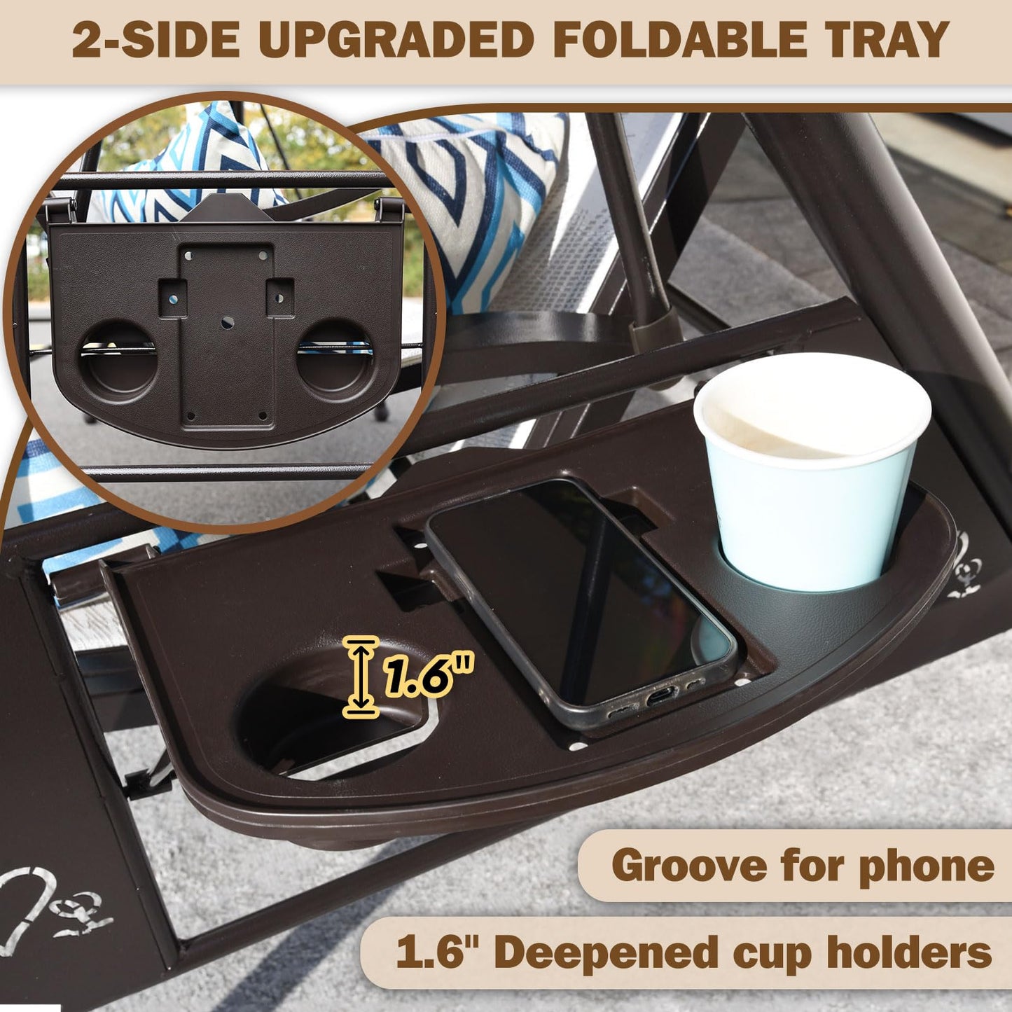 ZZW 3 Person Patio Swing Outdoor Swing for Adults with Adjustable Canopy &Upgraded Cup Holders Textilene Fabric Porch Swing Chair with Stand Heavy Duty 800 LBS