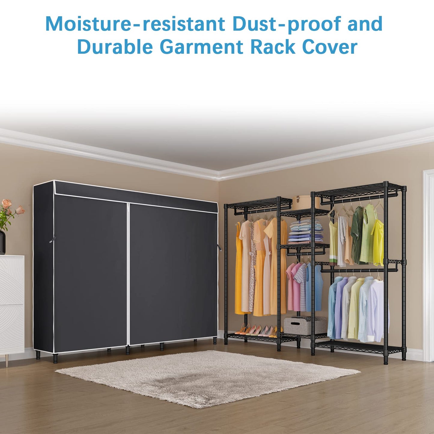 VIPEK V6C Heavy Duty 5 Tiers Wire Garment Rack Large Size Wardrobe Closet Black Metal Clothing Rack with Black Oxford Fabric Cover, 75.6" L x 18.5" W x 76.4" H, Max Load 780 LBS