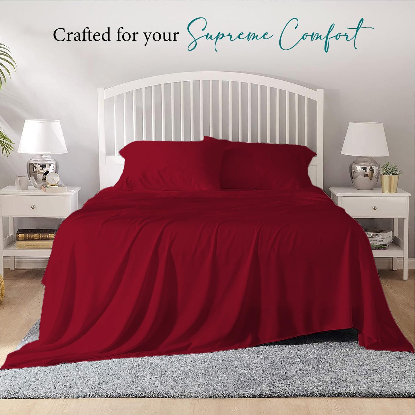 100% Egyptian Cotton Sheets Queen Size High Thread Count 4 Piece Luxury Queen Bed Sheet Set Breathable Cooling Sheets Deep Pockets Fit up to 17" Mattress Soft Sateen Weave Bedding Sheet Burgundy