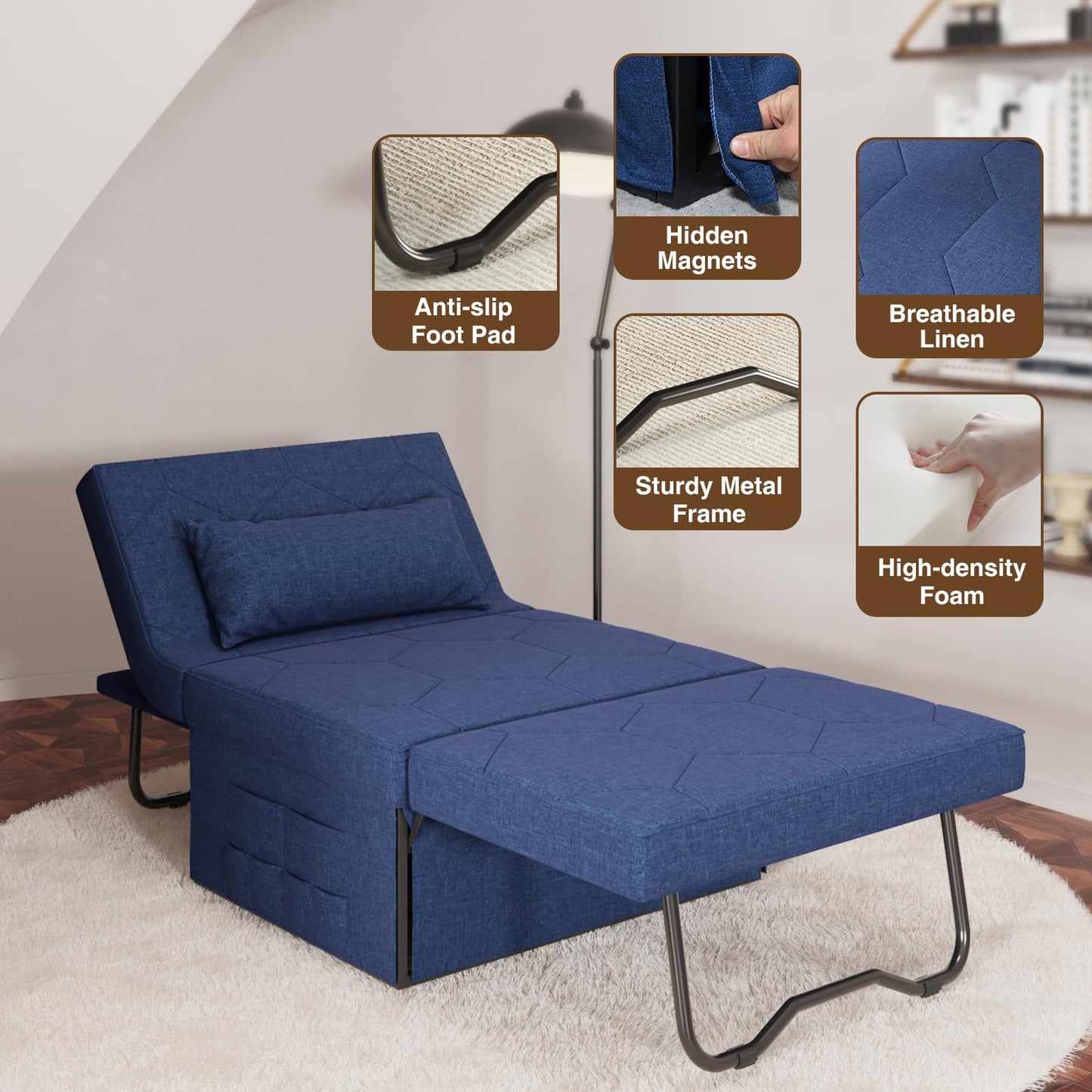 4 in 1 Sleeper Chair, Convertible Sleeper Sofa with Ottoman, Ottoman Bed for Adults, Sofa Bed with Adjustable Backrest for Living Room Apartment Office, Jean Blue