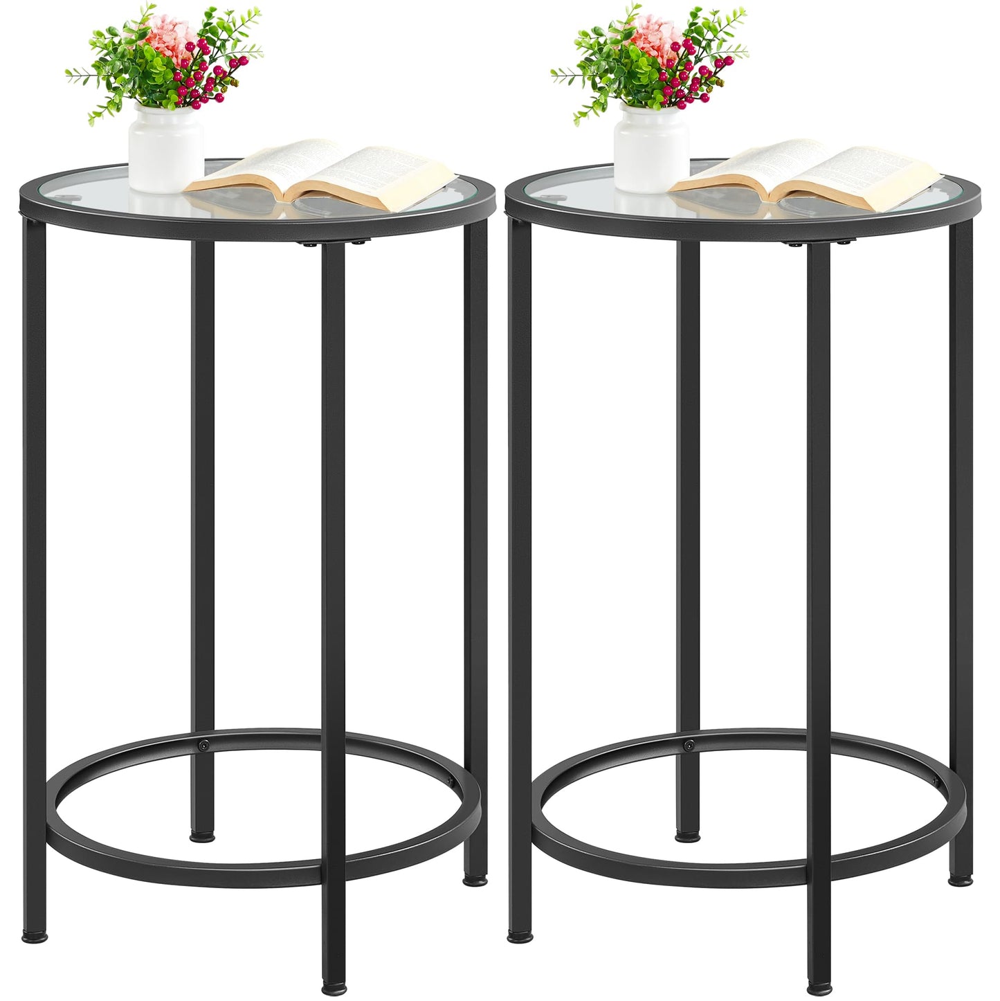 Yaheetech Black Glass End Table Set of 2, Round Side Table Modern Style Tall End Table Accent Table with Glass Top & Metal Frame, 2pcs Glass Side Table for Living Room, Balcony, Bedroom