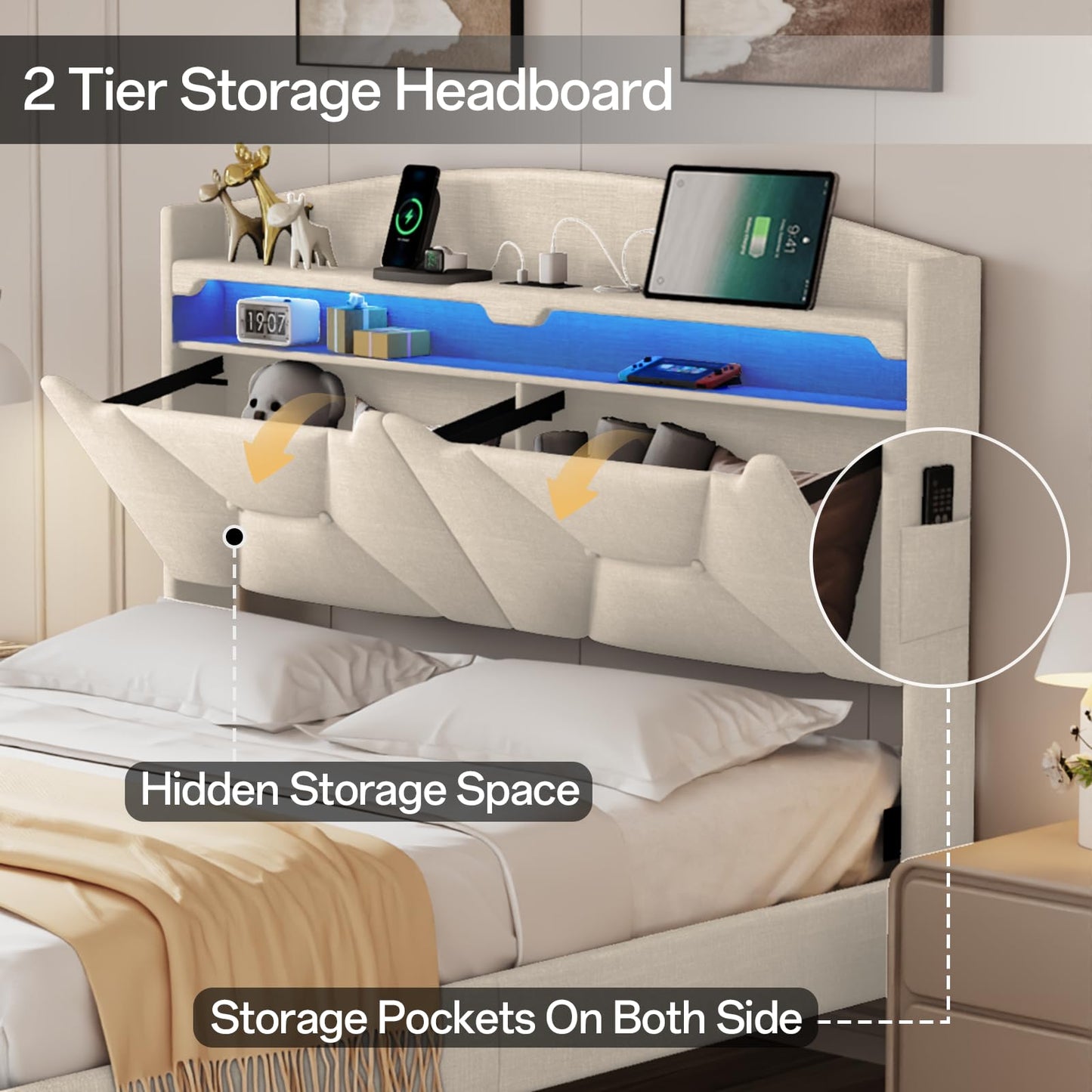 VINTLJUS Queen Size Bed Frame with Storage Headboard, Queen Bed Frame with 2 Drawers, Upholstered Platform Bed with Charging Station and LED Lights, Easy Assembly, Beige