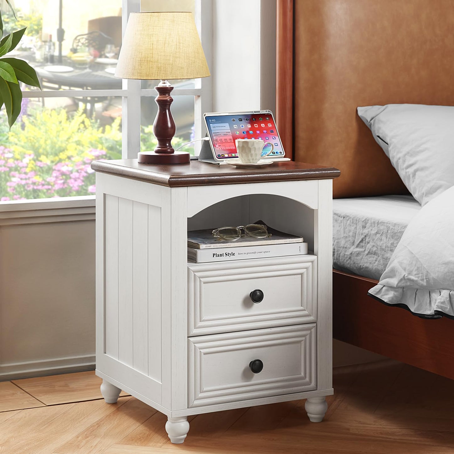 18" Farmhouse Night Stands Set of 2 with Charging Station, Wooden Nightstand with 2 Drawers, Bedside End Table with Storage, Bed Side Tables Cabinet for Bedroom, Living Room, and Closet(White)