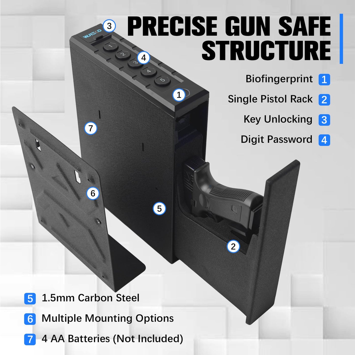WJIECO Slider Biometric Pistol Safe 3 Ways Quick Access with Fingerprint/Keypad/Key Lock for Nightstand Bed Desk