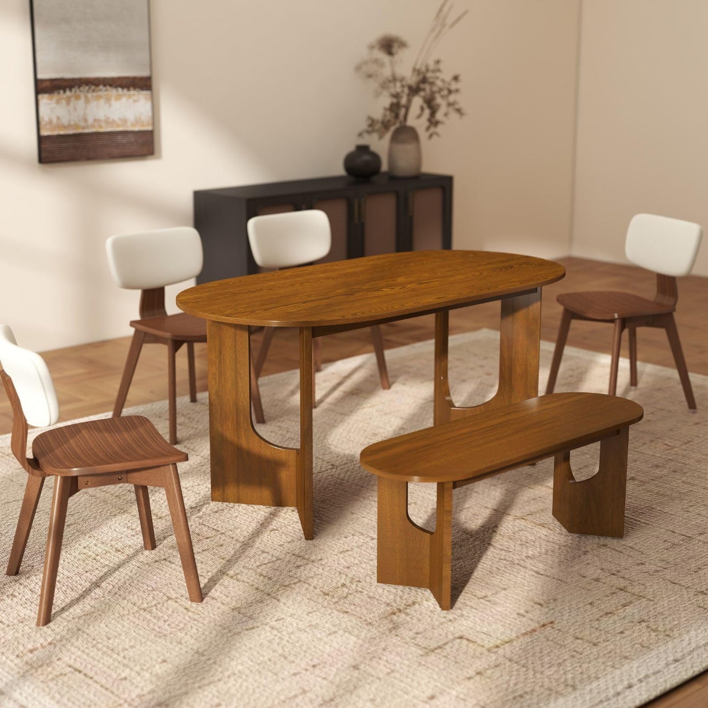 VESCASA Oval 63" L Dining Table with 47.25" L Bench, Walnut Wood Kitchen Table Set for Dining Room, Restaurant, 1 Table with 1 Bench