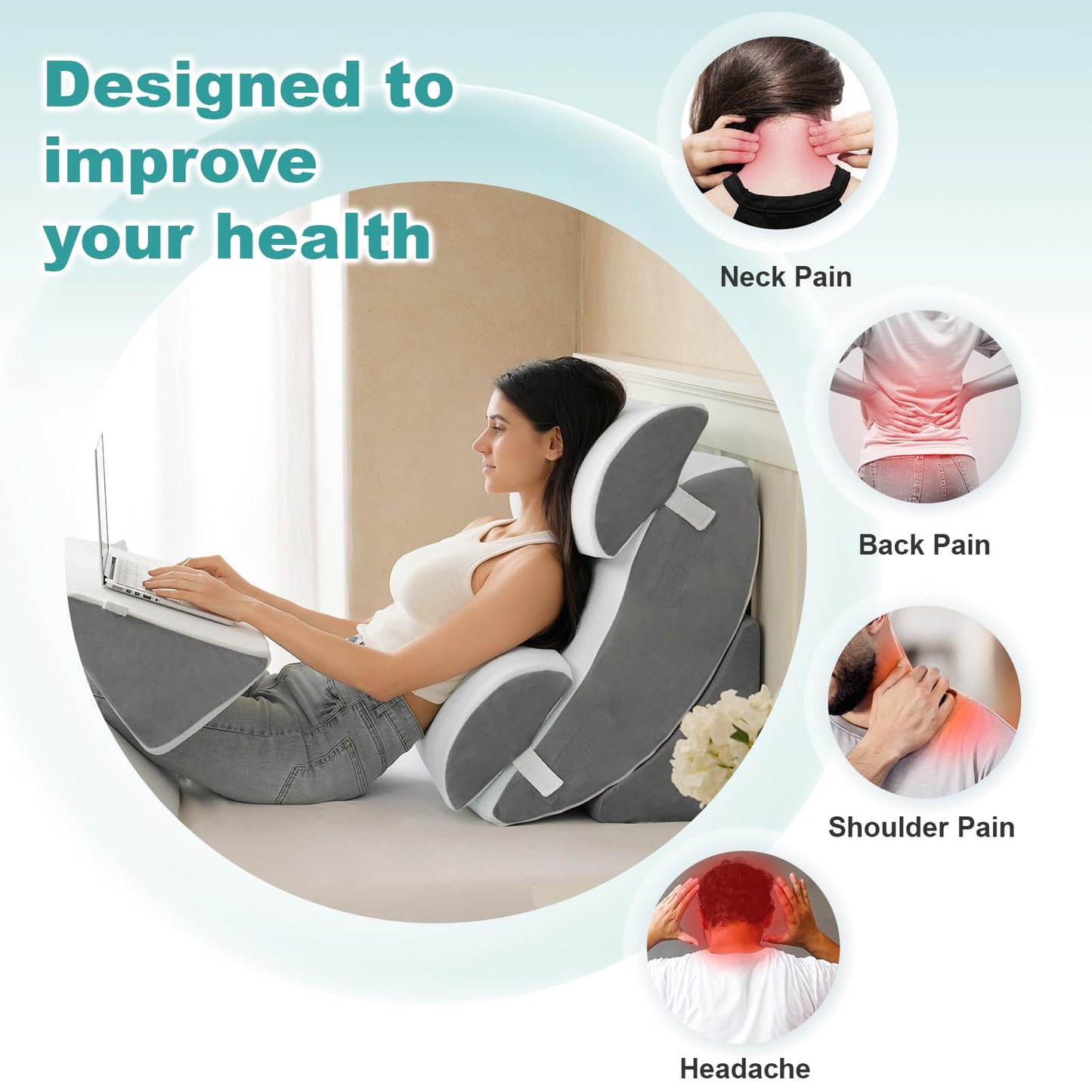 Hansleep 6PCS Orthopedic Bed Wedge Pillow for Sleeping, Adjustable Post Surgery Pillow Set for Body, Back and Leg Pain Relief, Memory Foam Support Pillows for After Surgery, White