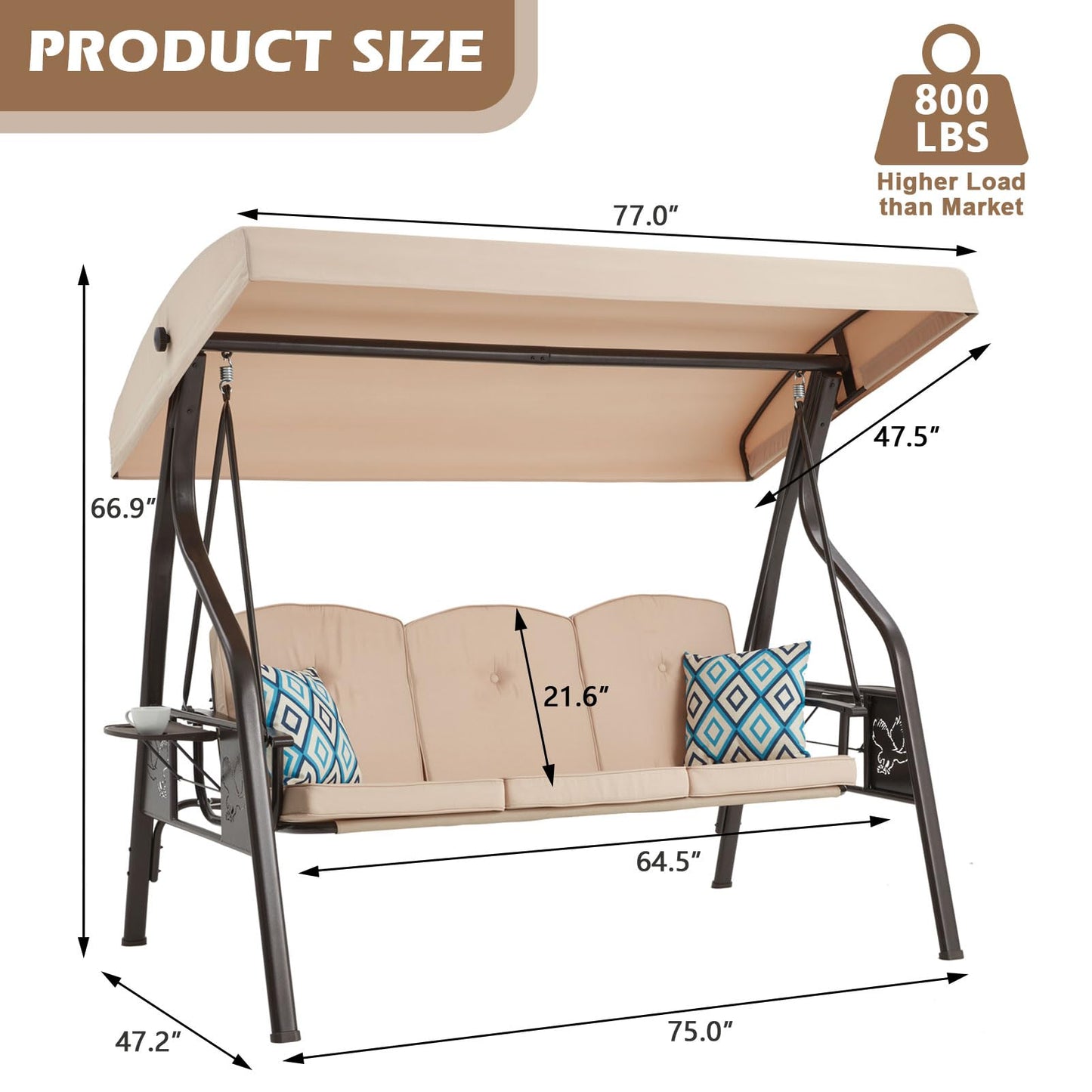 ZZW 3-Seat Outdoor Porch Swing with Stand, Patio Swing with Canopy, 2 in 1 Porch Swing Bed & Patio Swing Chair for Adult, w/Extra Pillows and Cup Holder for Yard