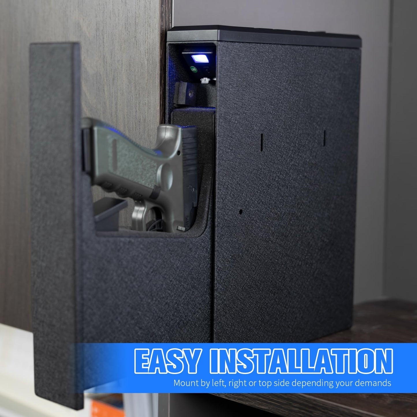 WJIECO Slider Biometric Pistol Safe 3 Ways Quick Access with Fingerprint/Keypad/Key Lock for Nightstand Bed Desk