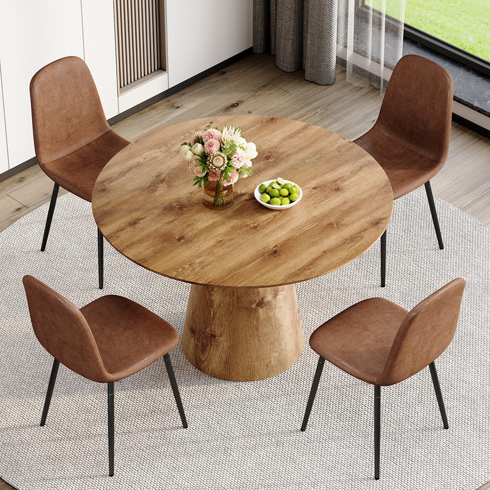 Vohuai Round Dining Table Set for 4,45'' Farmhouse Dining Room Table Set for 4 with Suede Chairs,1" Thick Wood Pattern Tabletop with Conical Base,Round Kitchen Table Set for Dining Room,Apartment