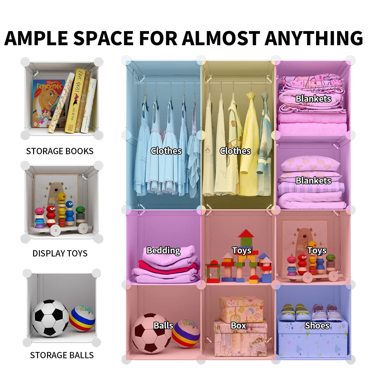 VIPZONE Baby Closet,Dresser, Kids Closet Organizers, Portable Kids Wardrobe for Closet, Bedroom, Nursery, Cubby, Cabinet, Clothes, Dress, Baby Storage Shelf, Armoire Clothes Hanging (12 Cube, White)