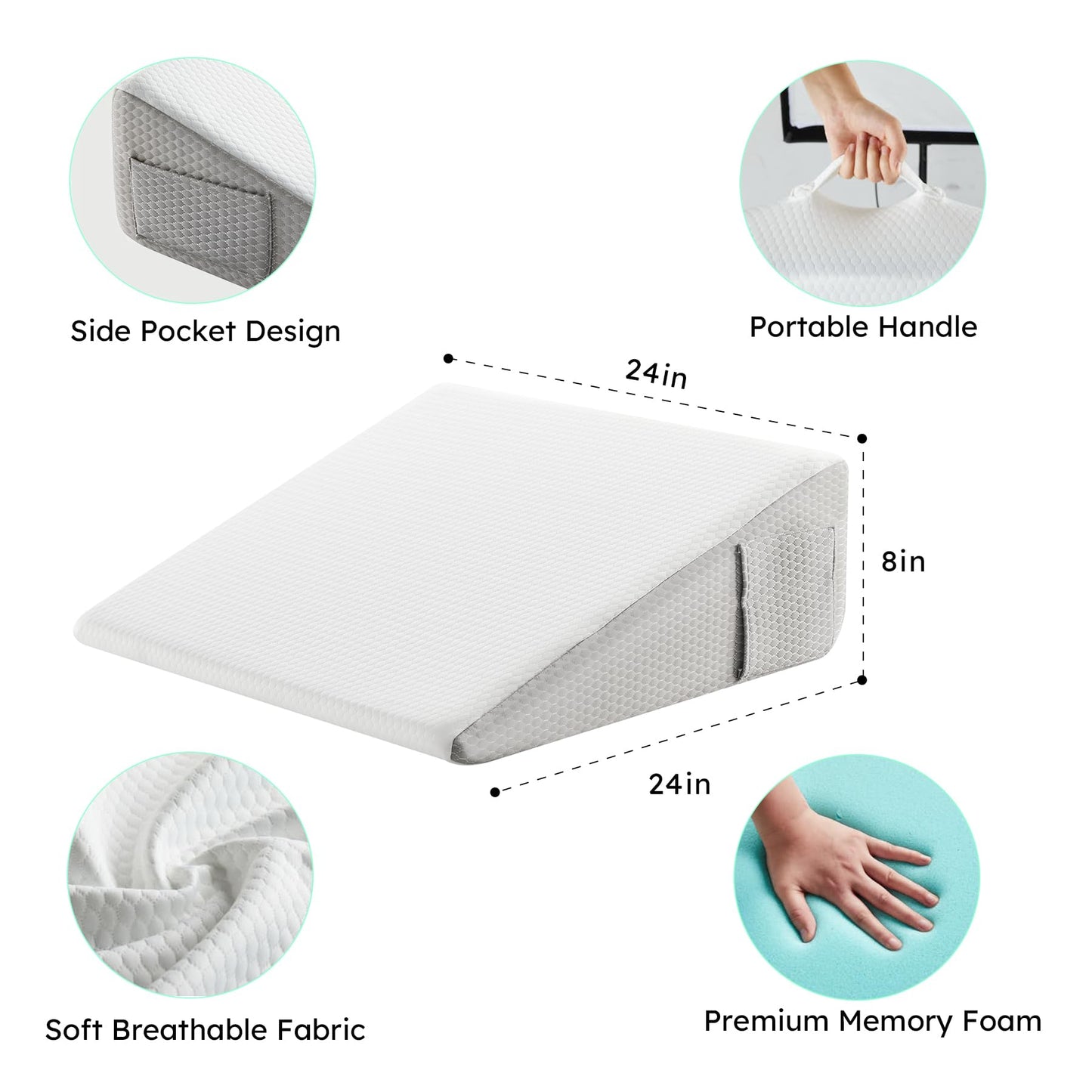 Bedluxe Wedge Pillow for Sleeping, 8 inch Bed Wedge Pillow, Elevated Body Pillow for Back Support, Acid Reflux, Leg, Neck Pain, Snoring, Triangle Pillow Wedge - Cooling Memory Foam Top, White/Grey