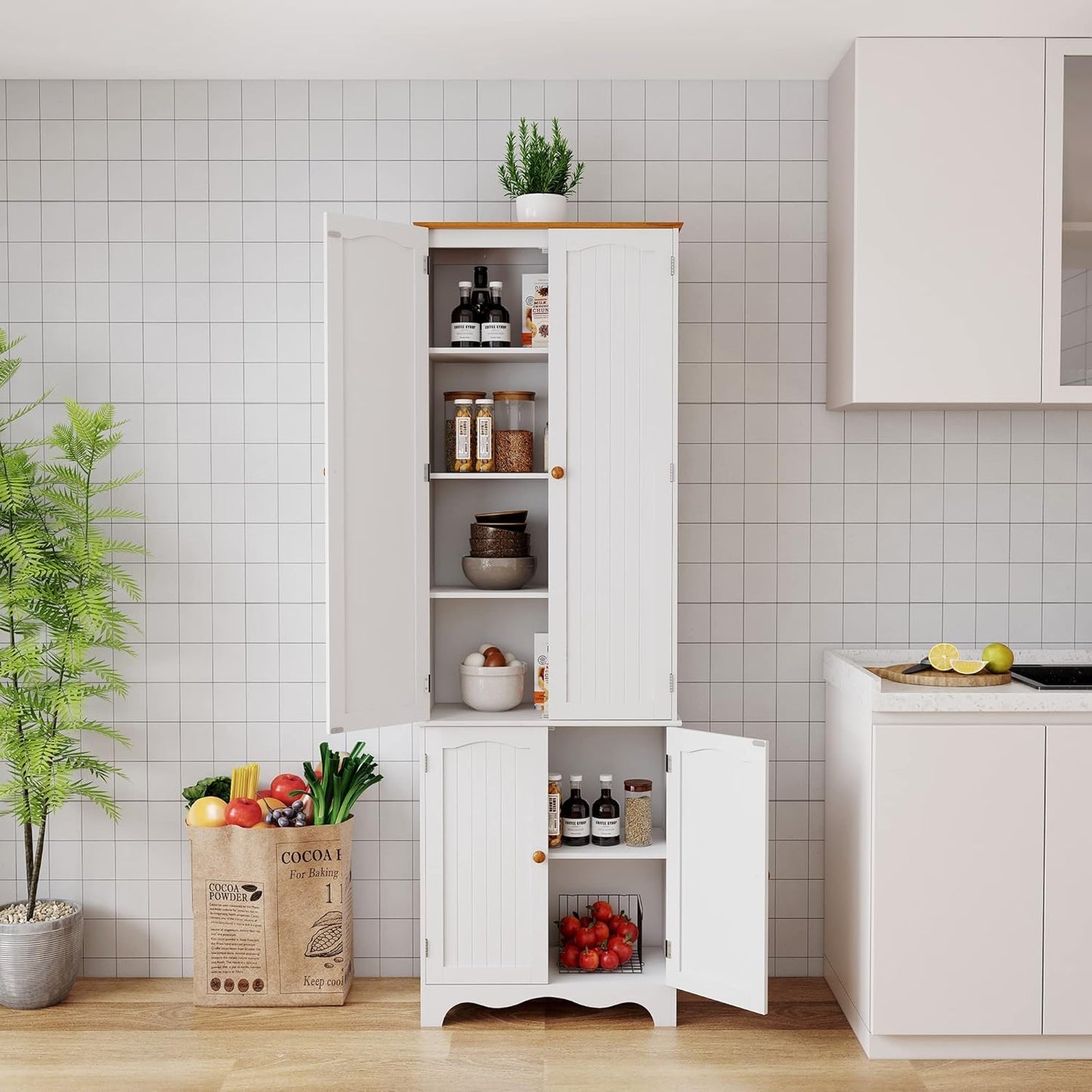 Yusong 72'' Tall Kitchen Pantry Cabinet, Freestanding Storage Cabinet with Doors and Shelves, Wooden Food Pantry Farmhouse Cupboard Buffet for Kitchen Dining Living Room, White