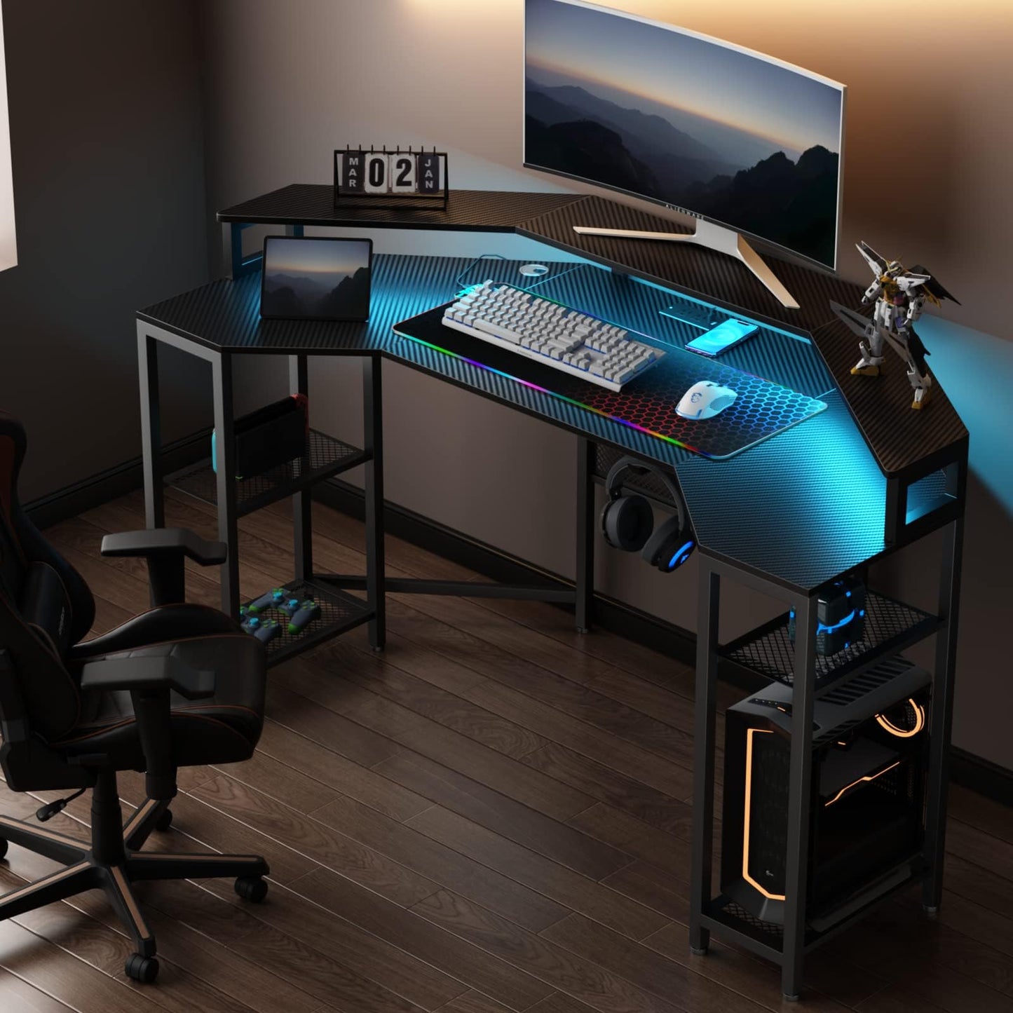 Gyfimoie Gaming Desk with Power Outlets & LED Lights, 63" Wing-Shaped Computer Desk with Full Monitor Stand,Wireless Charging,Shelves,RGB Mouse Pad, Studio Desk Corner Desk with Headphone Hook (Black)