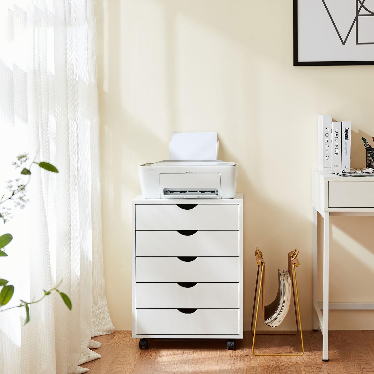 Whitmor 5-Drawer Wood Dresser with Wheels, Mobile Storage Cabinet for Home Office, Small Rolling Chest Organizer for Bedroom, Closet, Under Desk or Room Organization, White