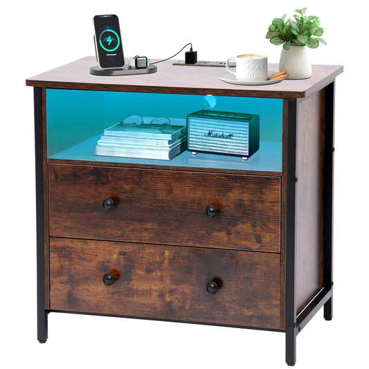 Tykacna 27 Inch Wide Night Stand, Large Wood Night Stand with 2 Drawers, LED Nightstand with Charging Station and Adjustable Drawer, Bedside Table for Living Room/Bedroom/Study/Office, Retro.