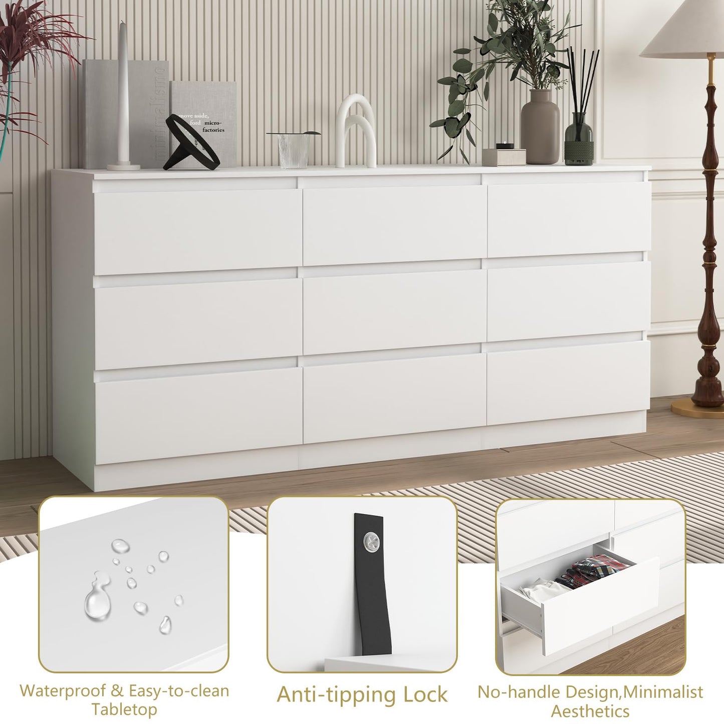 VERYKE White Dresser for Bedroom,Modern Long 9 Drawer Dresser with Deep Drawer,Large Storage Chest of Drawers,Wide Wood Bedroom Storage Furniture,TV Stand for Living Room