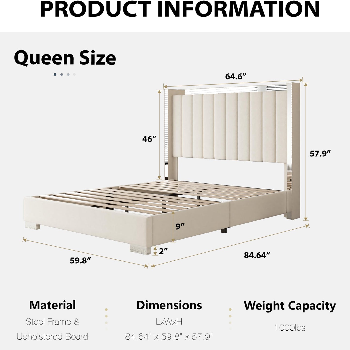 viplov Queen Bed Frame with 57.9" headboard, Tall Wingback Chenille Upholstered Headboard, Low Profile, No Box Spring Needed, Easy Assembly, Noise Free-Beige