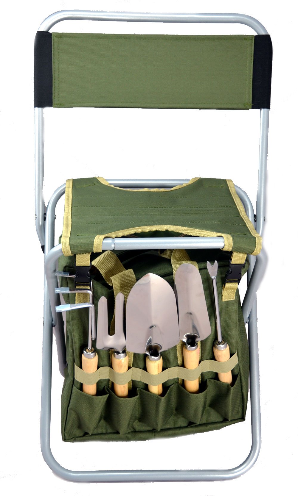 10-Piece Gardening Tool Set with Zippered Detachable Tote and Folding Stool Seat with Backrest