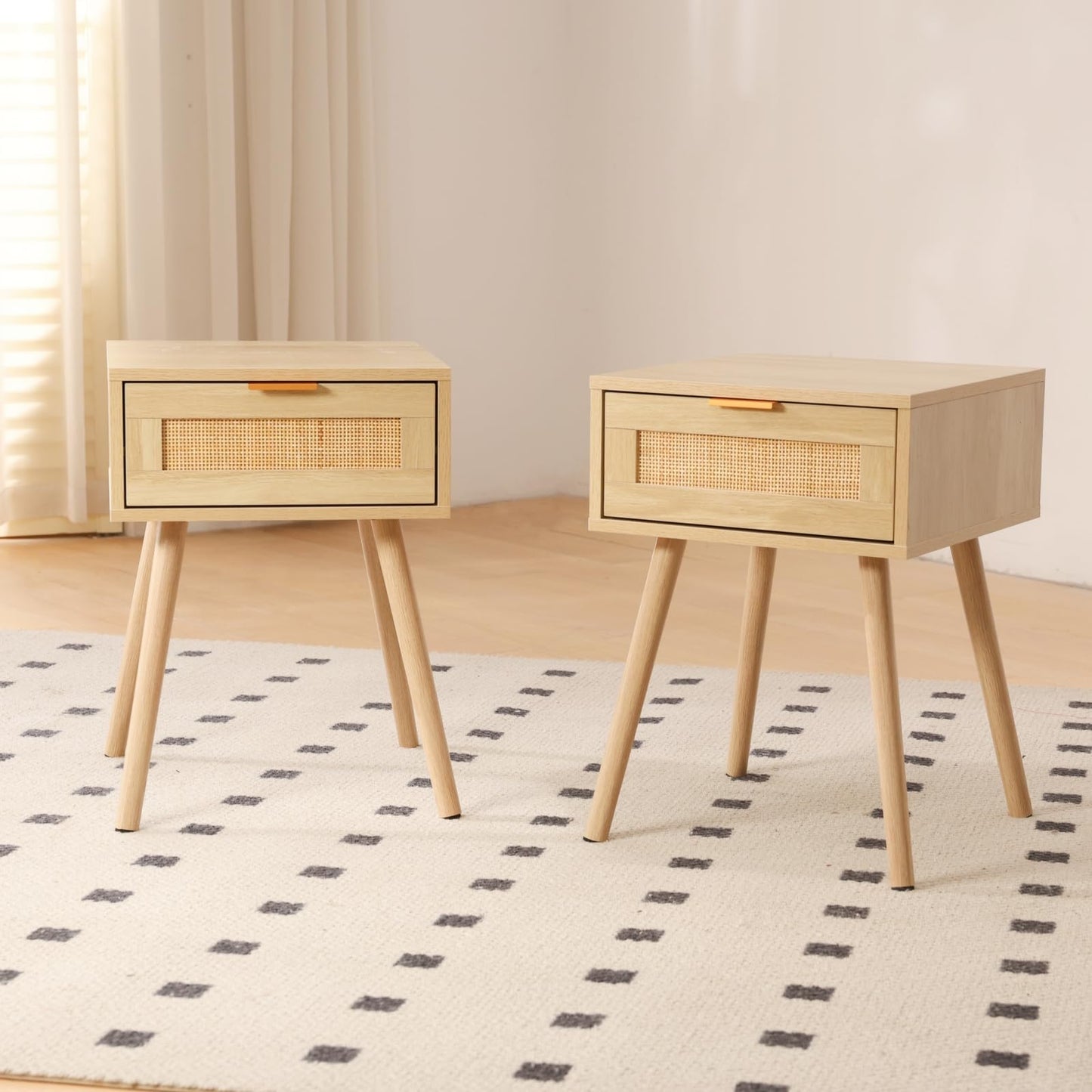 FUQARHY Rattan Nightstand Set of 2, Boho Side Table with Drawer, Mid Century Modern, End Table with Wood Legs for Bedroom, Dorm and Small Spaces