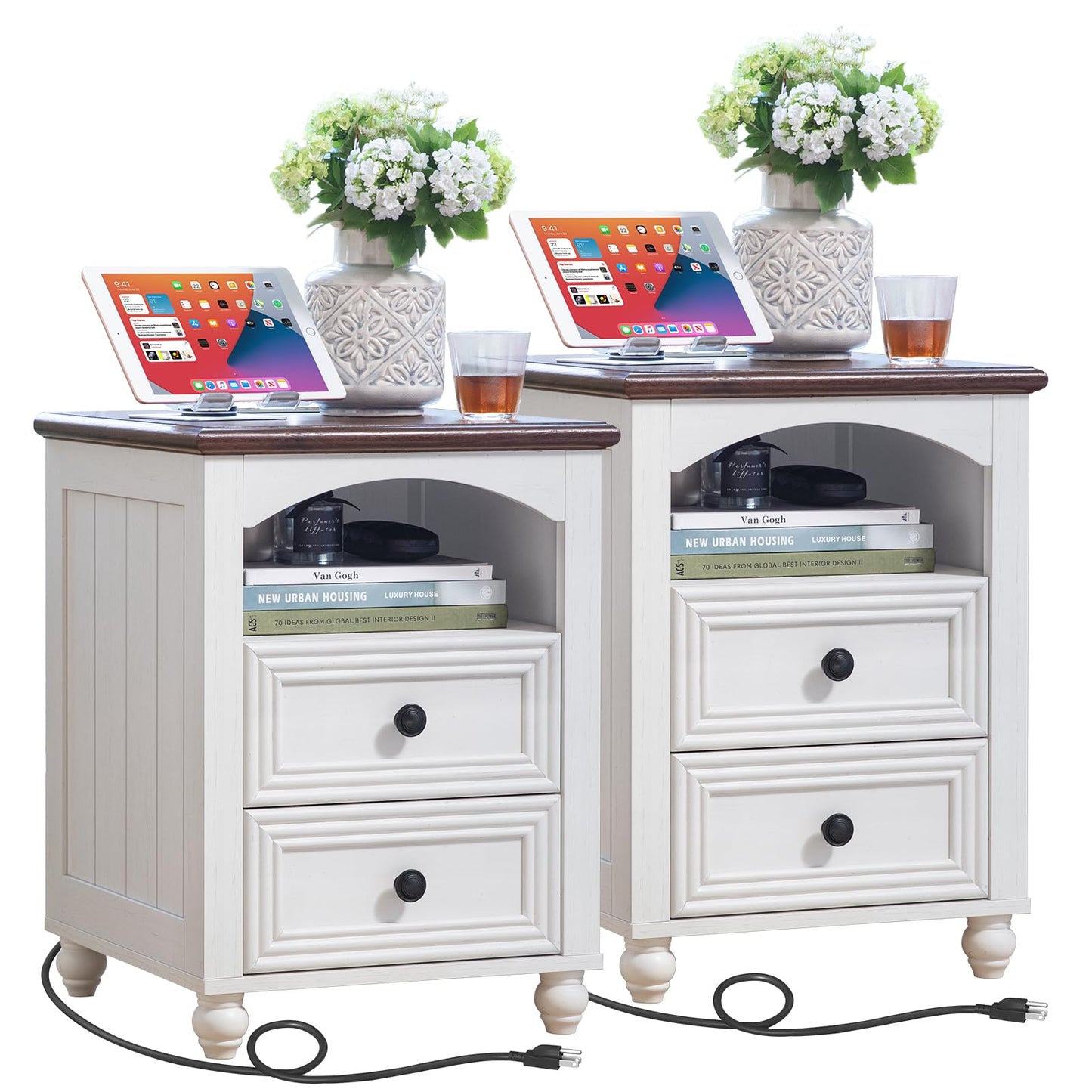 18" Farmhouse Night Stands Set of 2 with Charging Station, Wooden Nightstand with 2 Drawers, Bedside End Table with Storage, Bed Side Tables Cabinet for Bedroom, Living Room, and Closet(White)