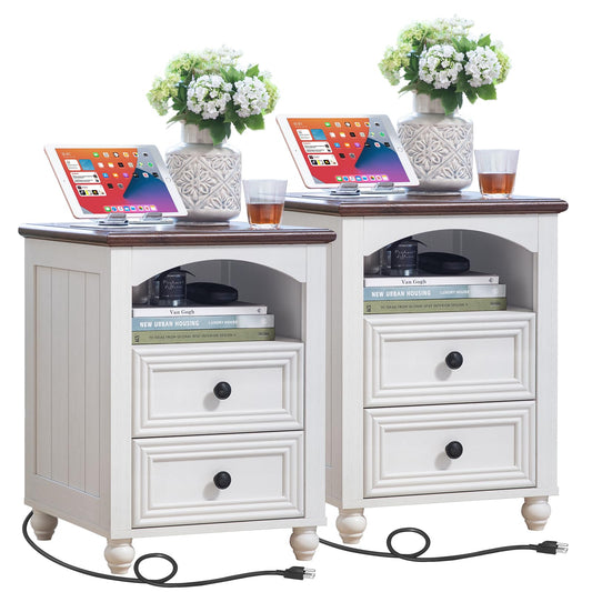 18" Farmhouse Night Stands Set of 2 with Charging Station, Wooden Nightstand with 2 Drawers, Bedside End Table with Storage, Bed Side Tables Cabinet for Bedroom, Living Room, and Closet(White)