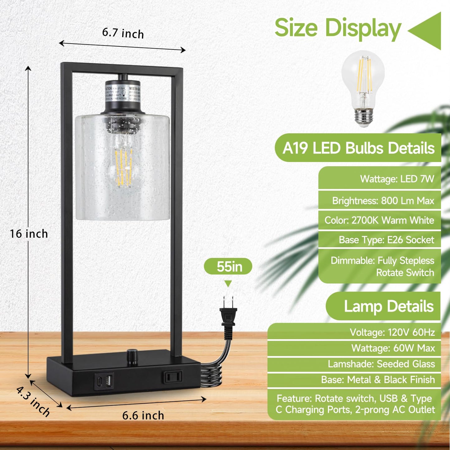Vikdio 16" Set of 2 Industrial Table Lamps with USB A+C Charging Ports and AC Outlet, Fully Stepless Dimmable Bedside Lamps with Seeded Glass Shade for Bedroom Living Room Office, LED Bulbs Included