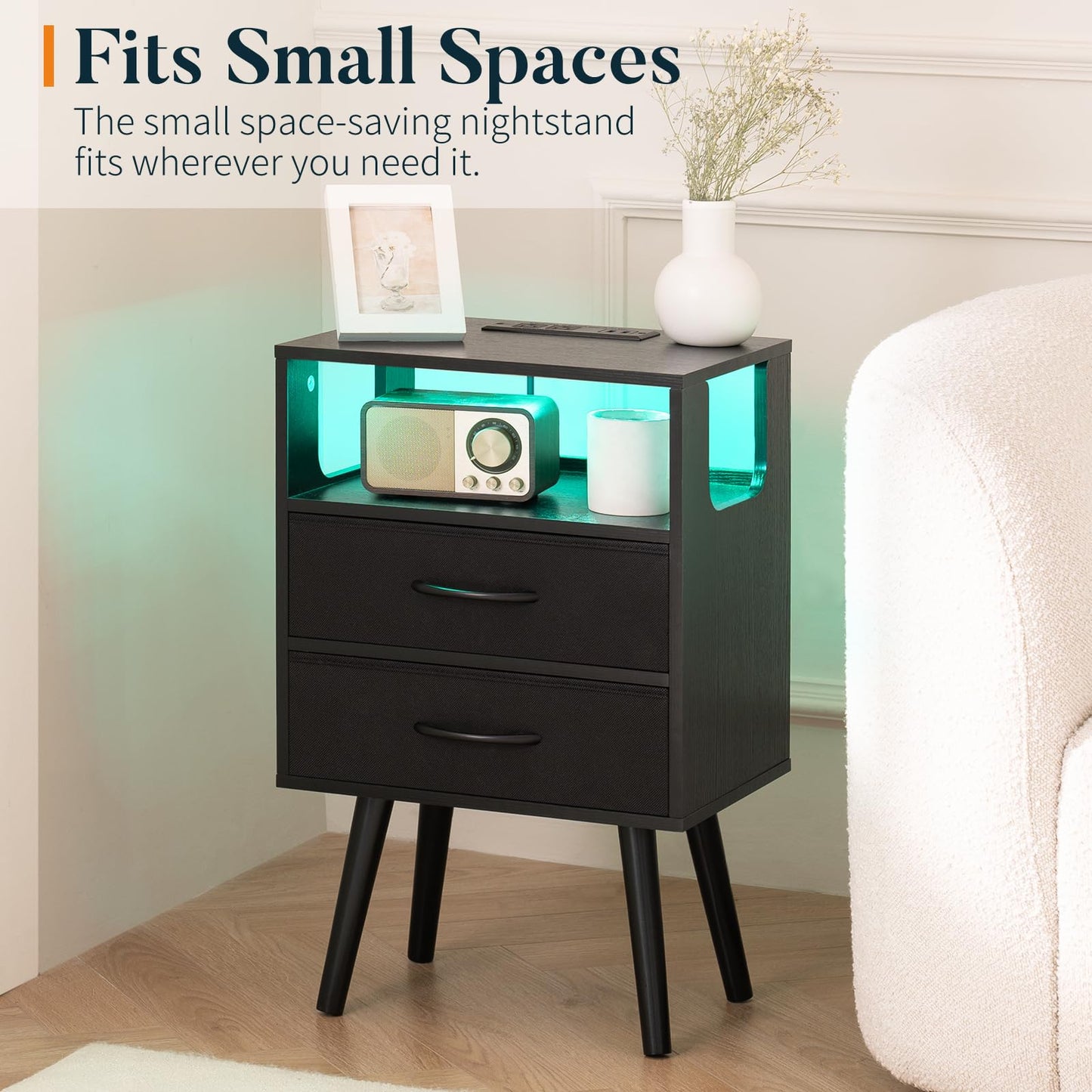 Yoobure LED Night Stand with Charger Station, Mid Century Modern Nightstand with Fabric Drawers, Bedside Table Nightstands with Storage Shelf, Bed Side Table Small Night Stands for Bedroom Living Room