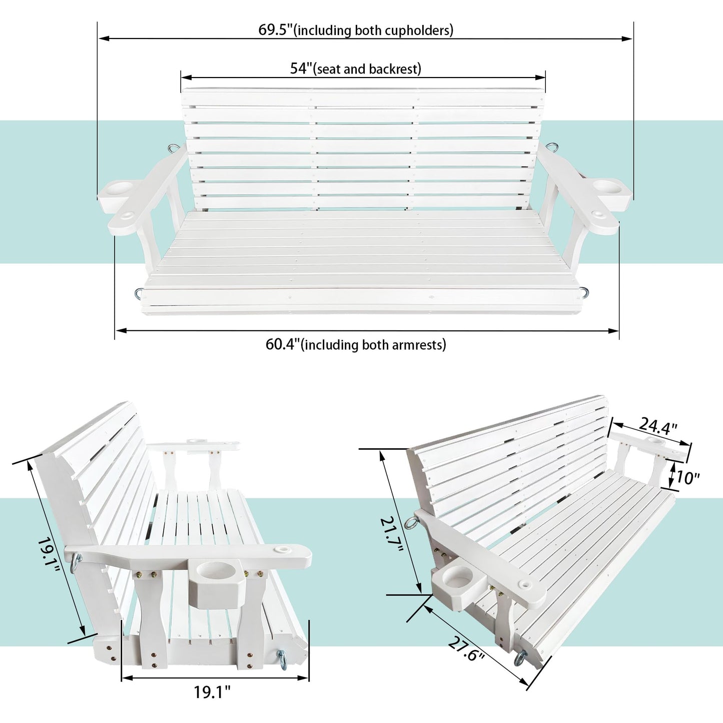 Wooden Porch Swing 3-Seater, Bench Swing with Cupholders, Hanging Chains and 7mm Springs, Heavy Duty 880 LBS, for Outdoor Patio Garden (Pure White, 5 FT Extra Large)