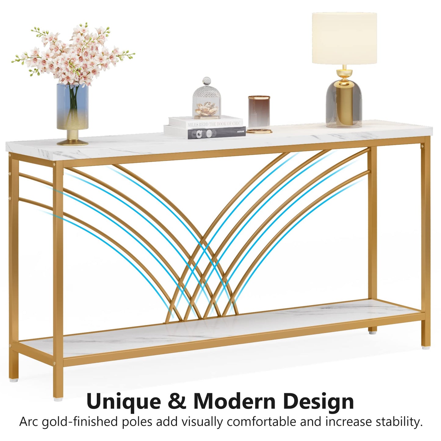 Tribesigns 70.9 inch Extra Long Console Table, Faux Marble Entryway Table with 2 Tier Storage Shelf, Narrow Sofa Table Behind Couch, Modern Hallway Accent Table for Living Room, White and Gold