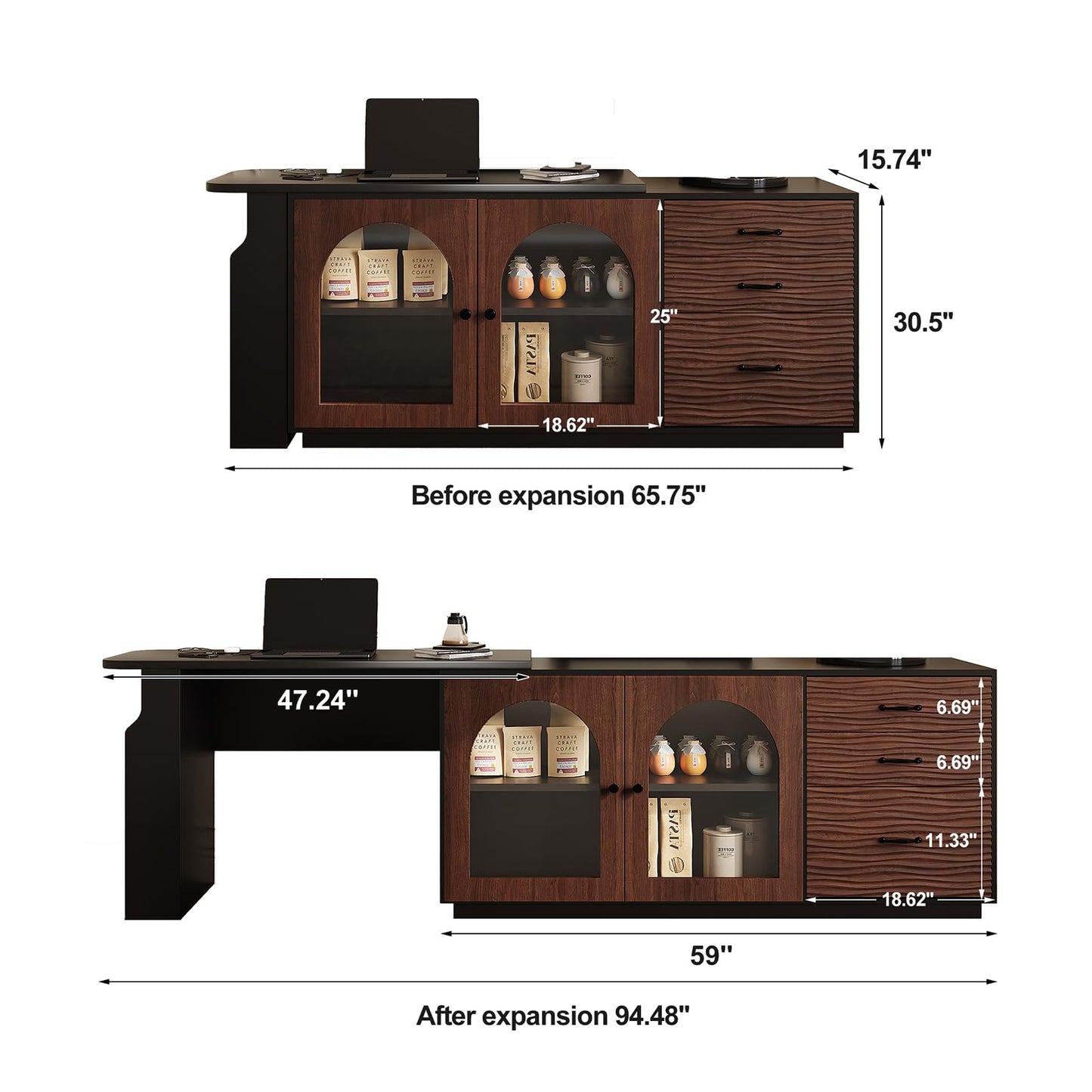 Trroec Adjustable L-Shaped Corner Table with 3 Drawers and 2 Glass Cabinet Doors Length 65.75"-94.48" Expandable Wooden Vanity and Desk Combo Side Storage for Bedroom Dressing Room Study