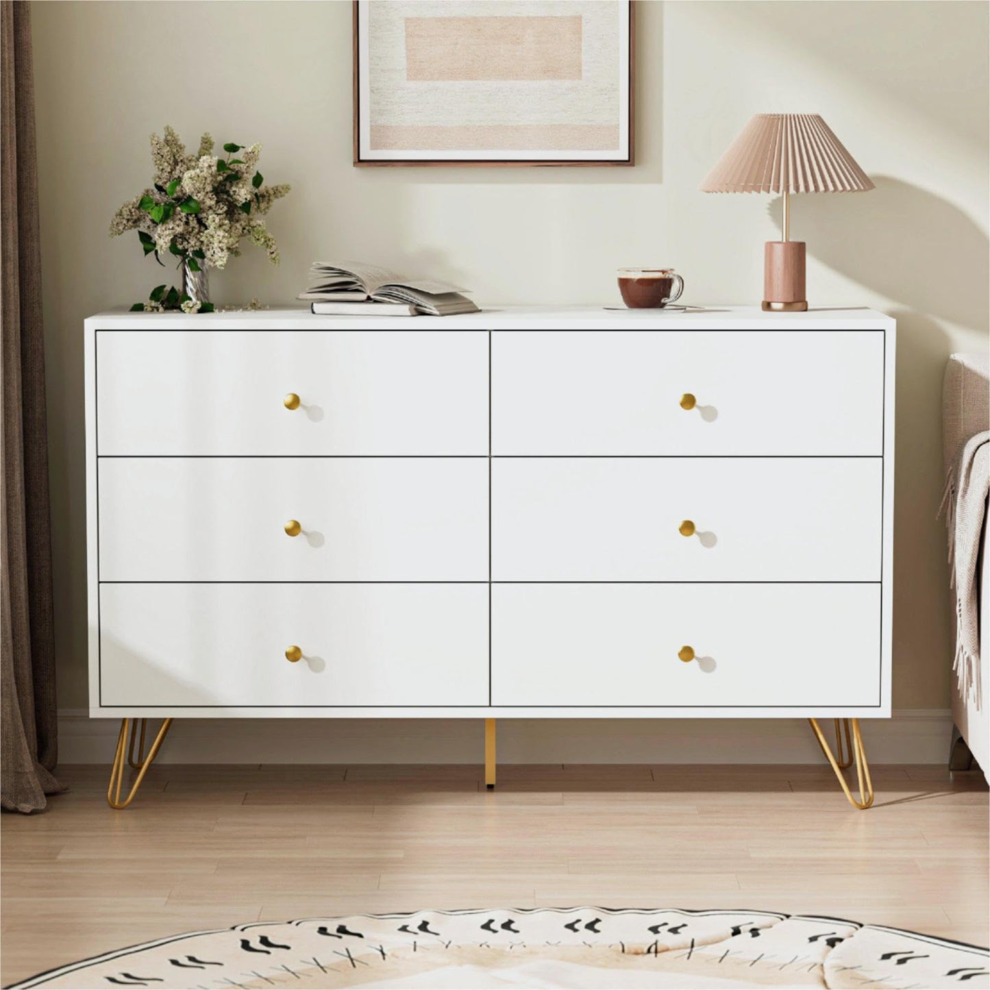 Tradare White Dresser for Bedroom, 6 Drawer Dresser with Golden Handles, Large Storage Cabinet, Modern Chest of Drawers Organizer Storage for Hallyway, Entryway